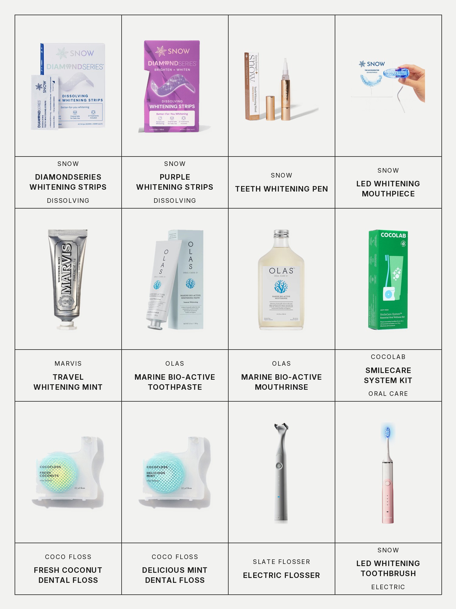 Twelve boxes on a pale grey page, one for each product in this edit, each with its brand and name printed below: Snow DiamondSeries Dissolving Teeth Whitening Strips, Snow Dissolving Purple Teeth Whitening Strips, Snow Teeth Whitening Pen, Snow LED Teeth Whitening Mouthpiece, Marvis Travel Whitening Mint, Olas Marine Bio-Active Toothpaste, Olas Marine Bio-Active Mouthrinse, Cocolab SmileCare System Oral Care Kit, Coco Floss Fresh Coconut Dental Floss, Coco Floss Delicious Mint Dental Floss, Slate Flosser Electric Flosser and Snow LED Whitening Electric Toothbrush.