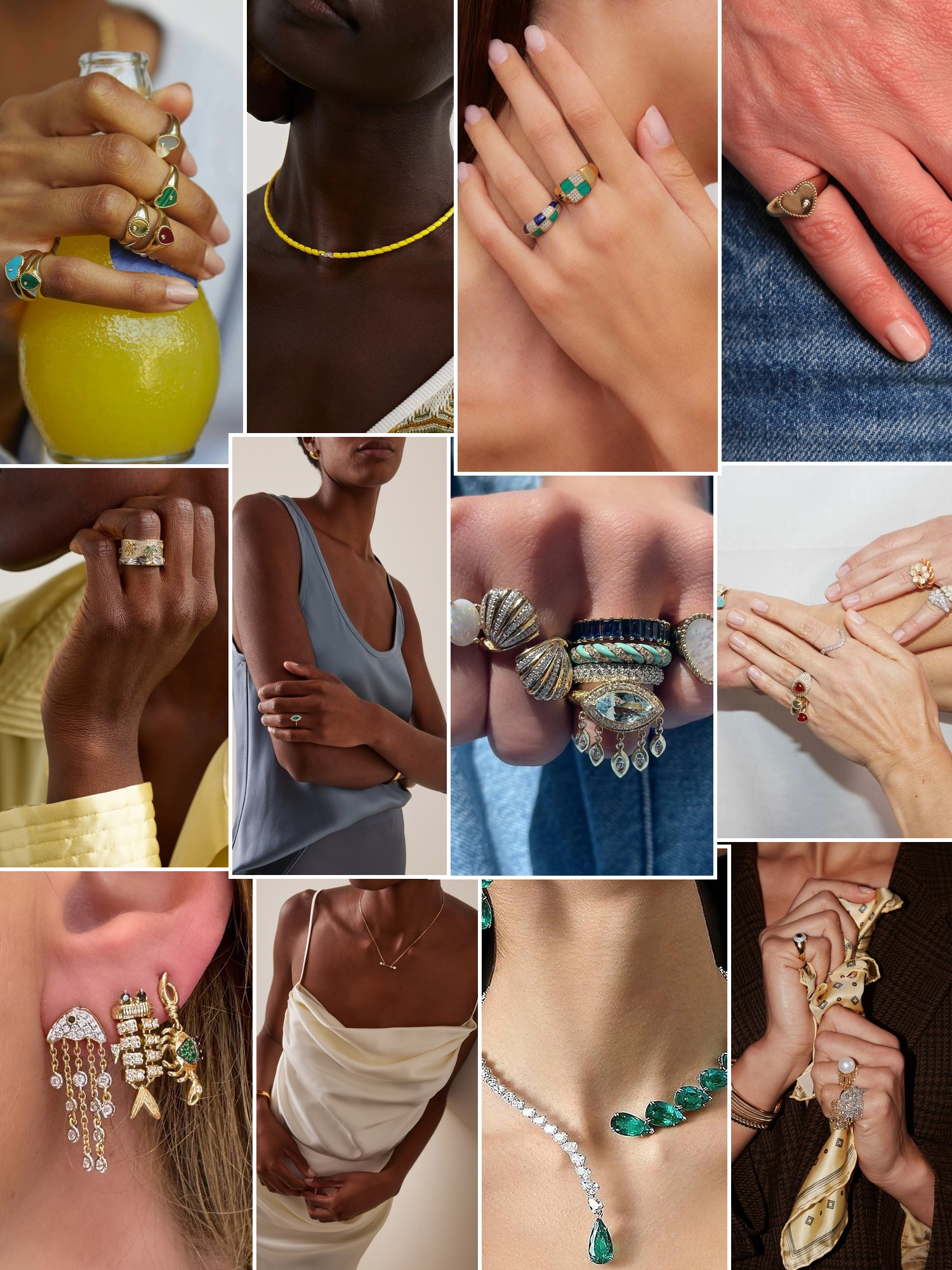 Collage of rings, earrings and layered necklaces worn up close, in the spirit of Yvonne Leon