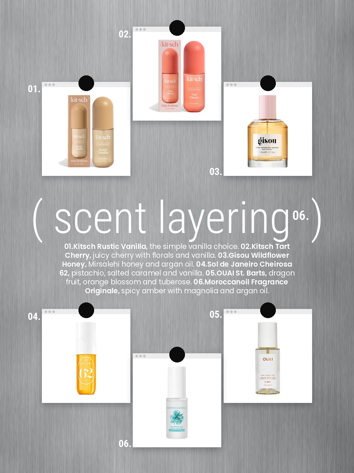 Loved lately cards collage featuring Kitsch Rustic Vanilla and Tart Cherry mists, Gisou, Sol de Janeiro, OUAI, and Moroccanoil.