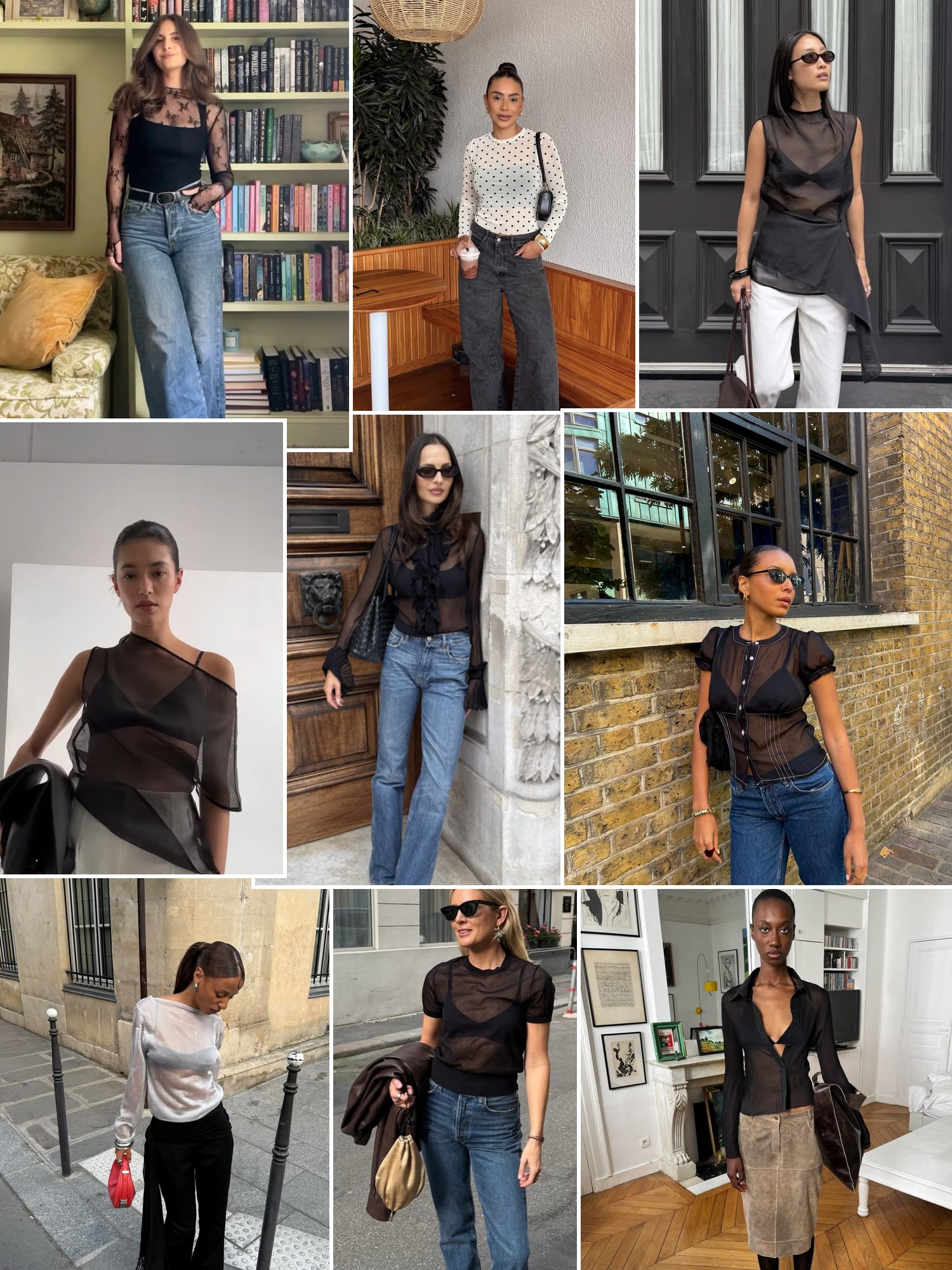 Collage of mesh tops with jeans in street style