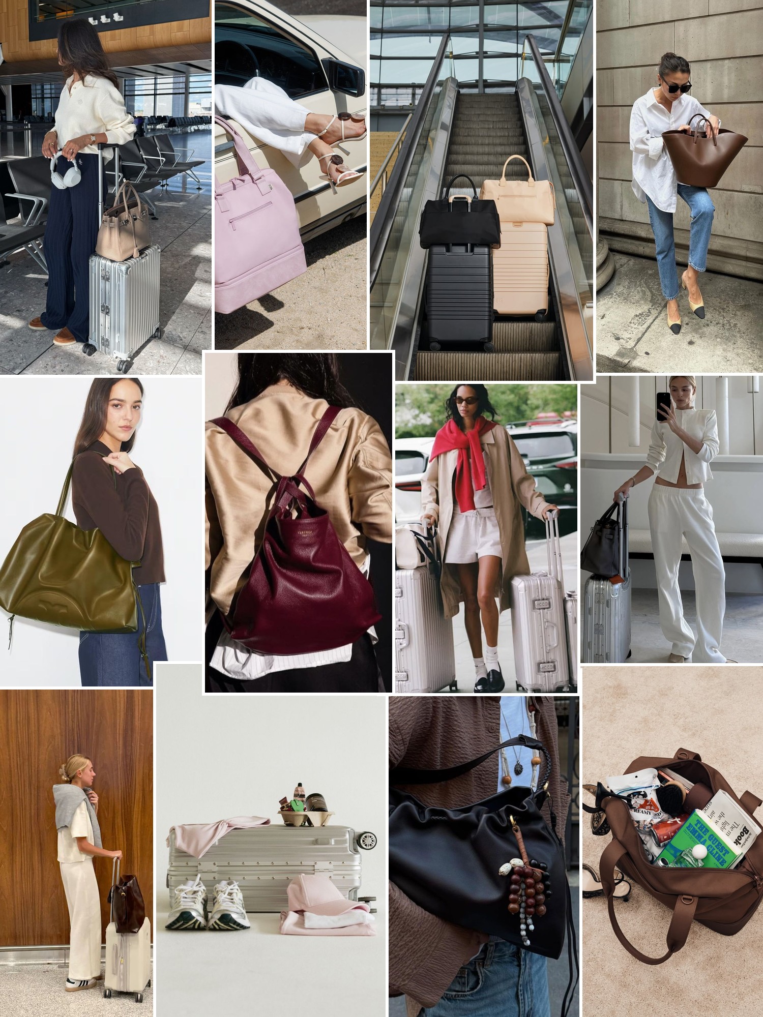 Collage of travel bags, carry on luggage, airport looks and polished city travel outfits