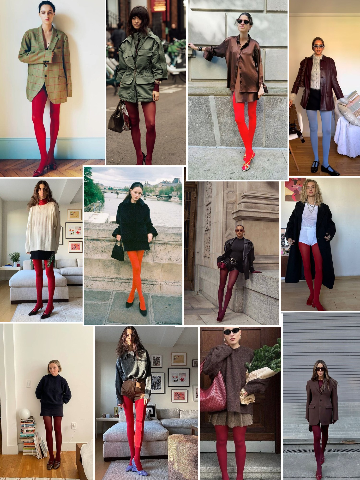 Street style collage of women wearing colored tights