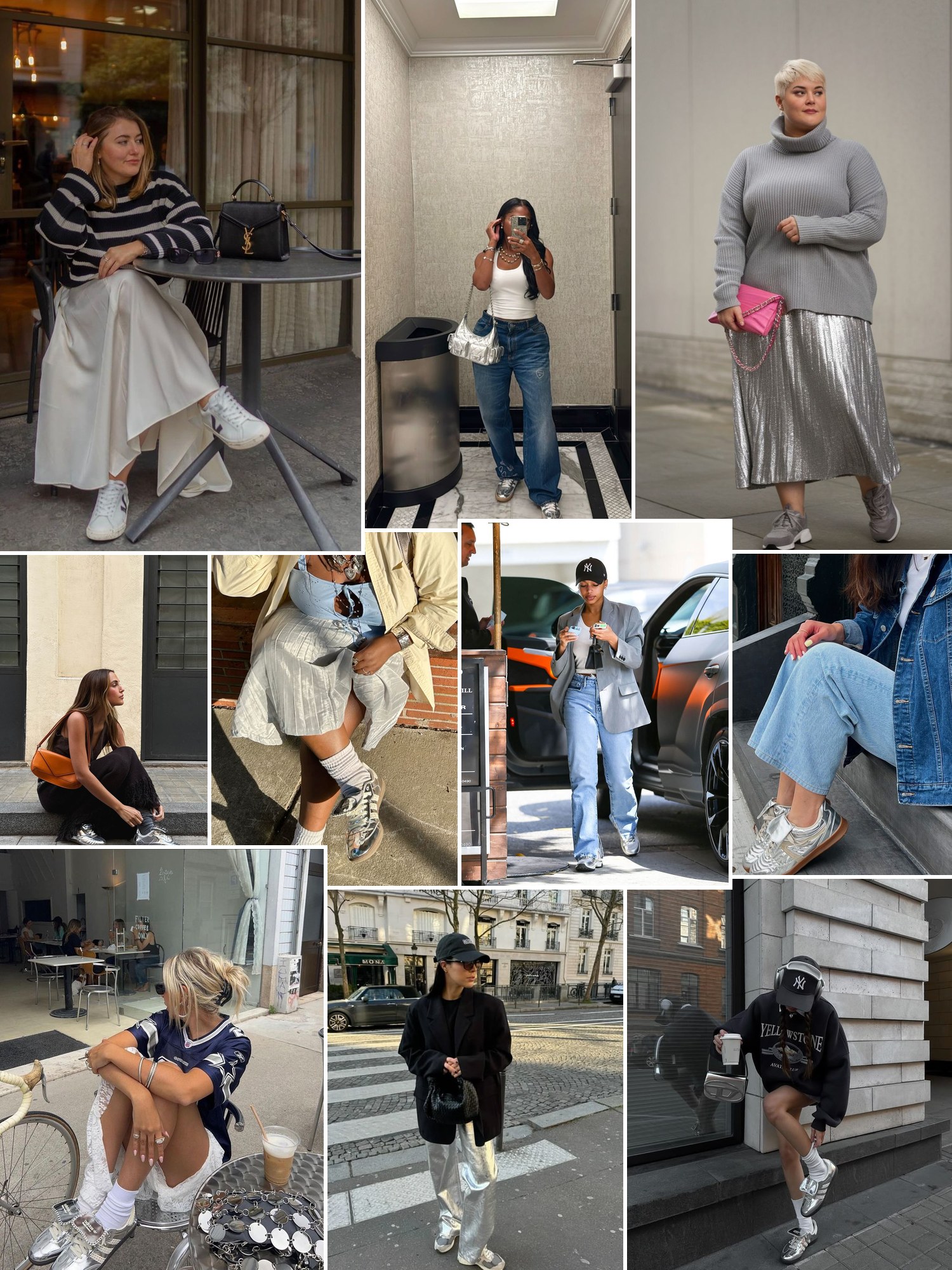 Collage of silver sneakers with jeans and skirts