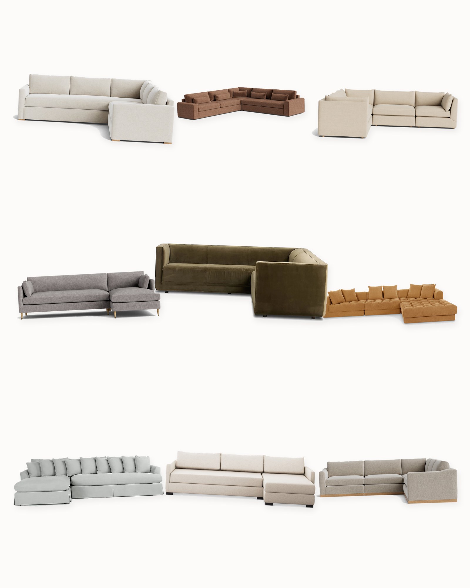 Collage on an off-white background showing Leodore Modular Storage Chaise Sectional Sofa, Altman Modular 3-Piece Sectional Sofa with Ottoman, Durham Wide Arm Corner Sectional Sofa, Haverford Upholstered Right Chaise Sectional 113", Vivienne Modular L Sectional, Macy Upholstered L Sectional 108", Felicity Chaise Sectional, Vernon Modular L Sectional 117.5" and Phillip 119" Two-Piece L-Shaped Sectional.
