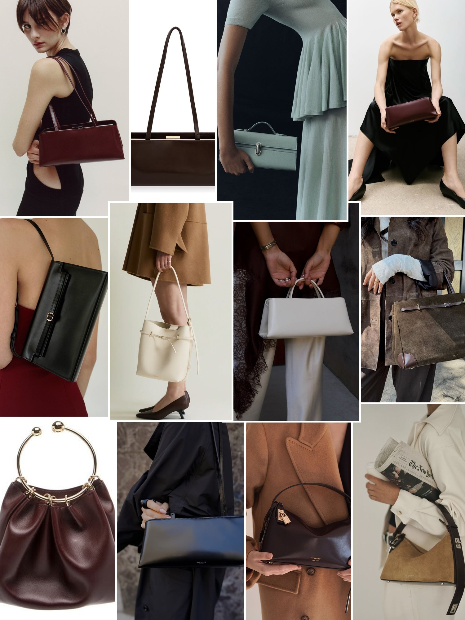 Collage of handbags carried with polished city outfits that capture the VERAFIED mood