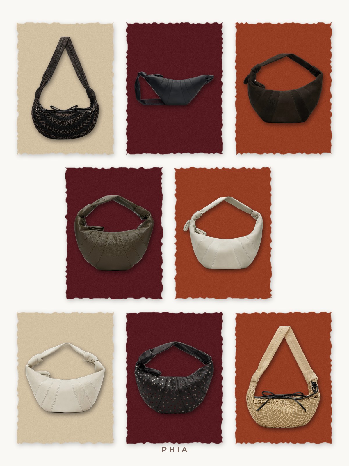 Torn-paper grid featuring eight LEMAIRE Croissant bags in assorted shapes and colors.