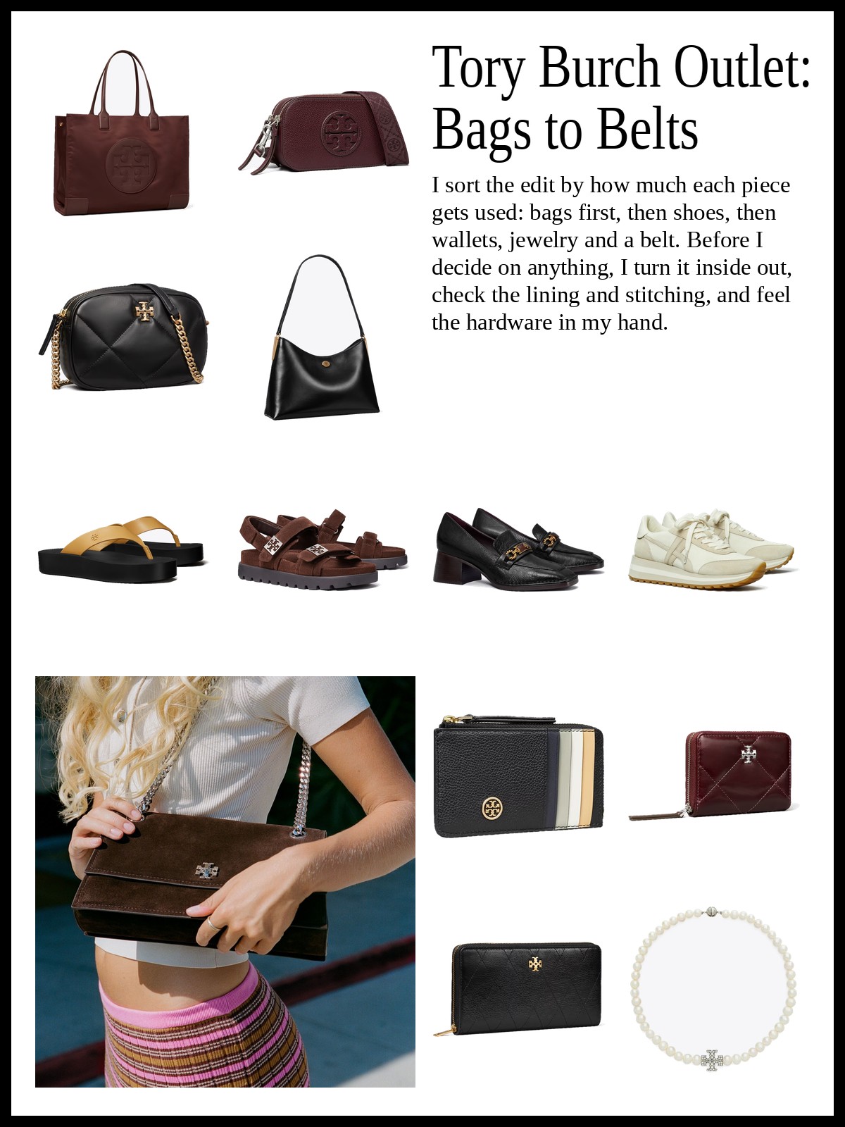 Collage of tote and shoulder bags, loafers and sport sandals, and wallets, pearl jewelry and a reversible belt, and a mood photo of a brown suede shoulder bag worn over a striped knit skirt