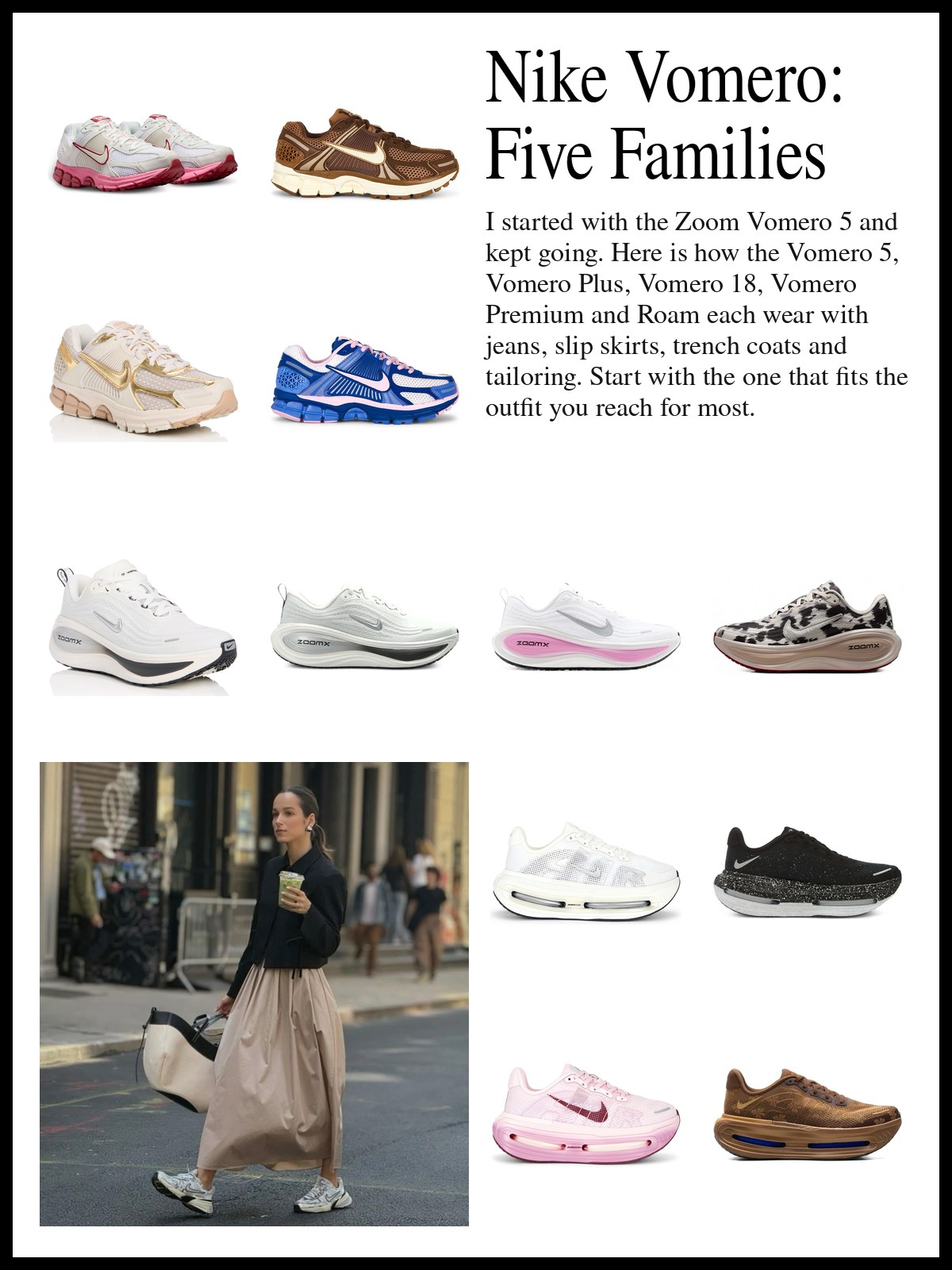 A collage of Nike Vomero sneakers including Zoom Vomero 5, Vomero Plus, Vomero 18 and Vomero Premium pairs, and a mood photo of a woman in a long skirt and gray sneakers on a city street.