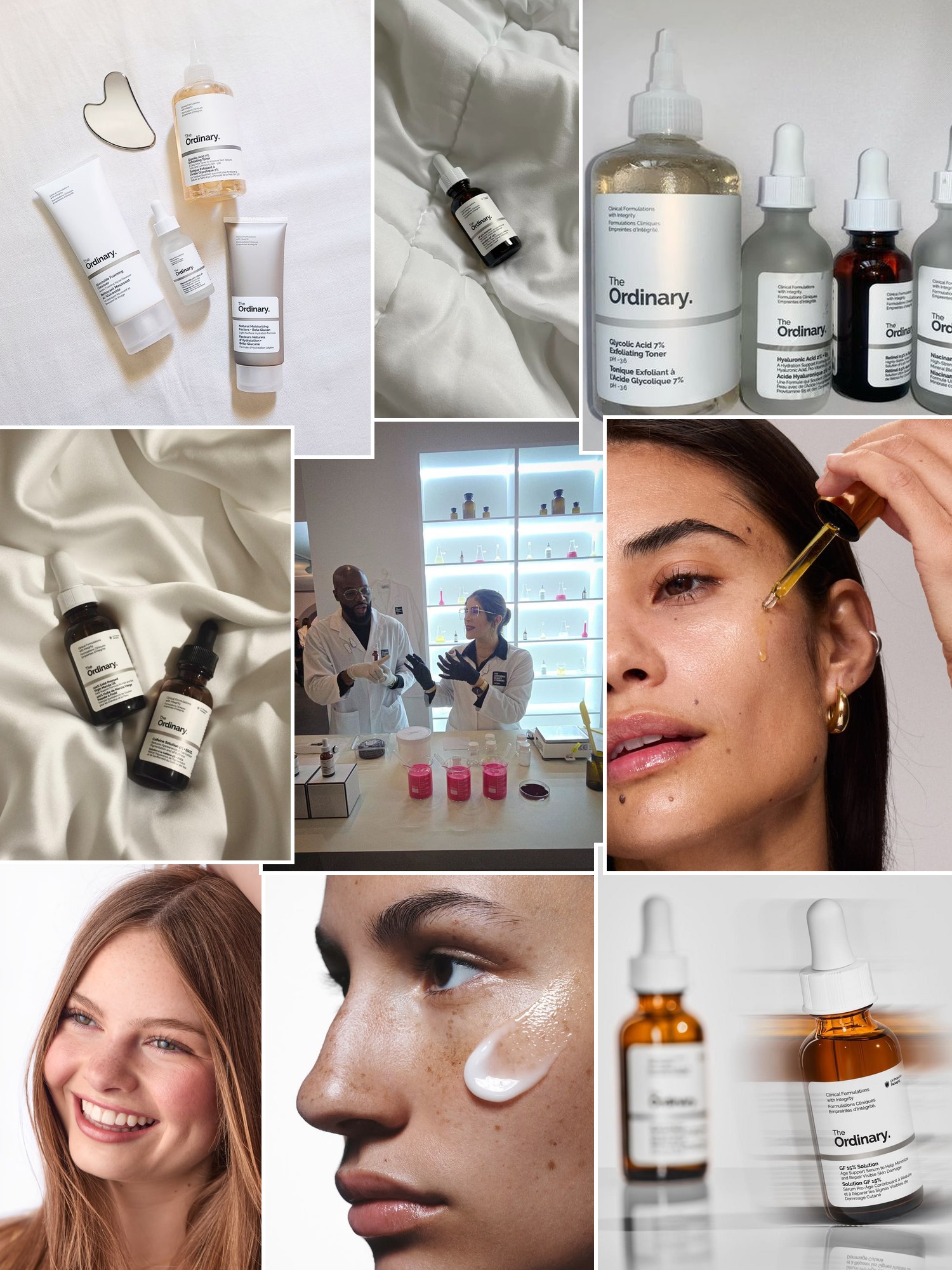 Skincare bottles and droppers on soft linens beside fresh faced beauty close ups and serum rituals.