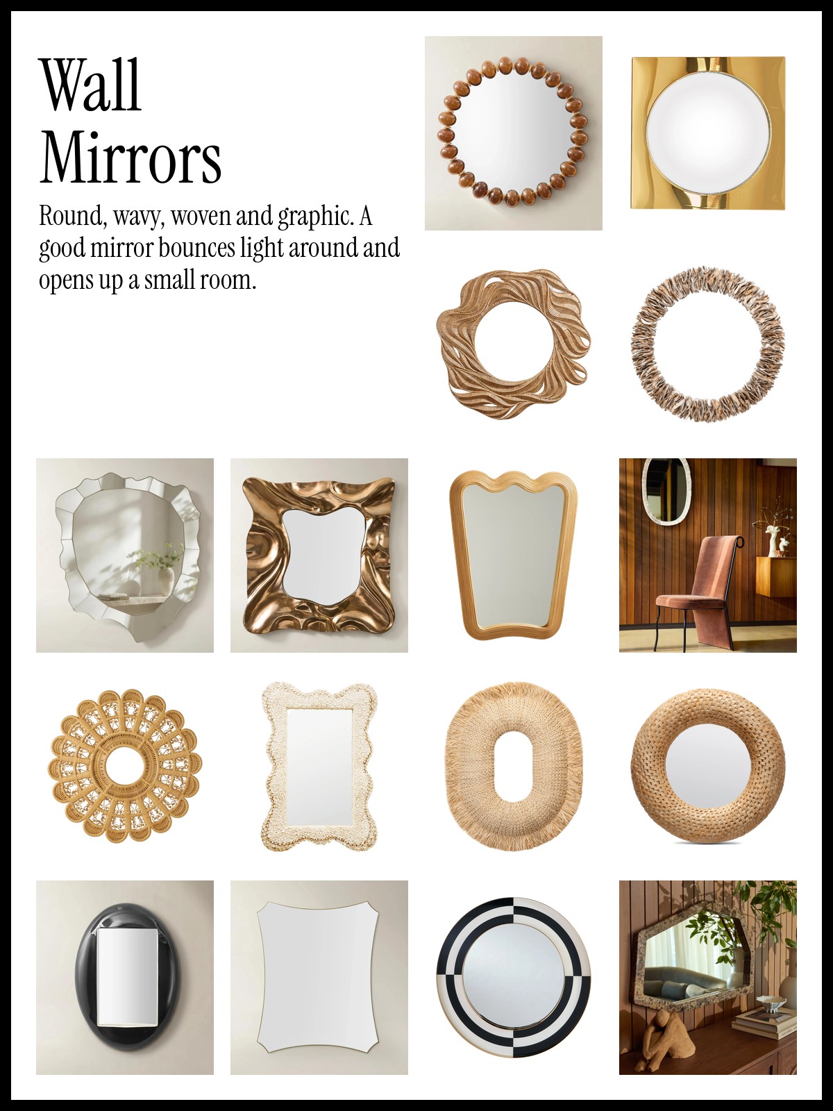 Collage of round, wavy, woven and graphic wall mirrors