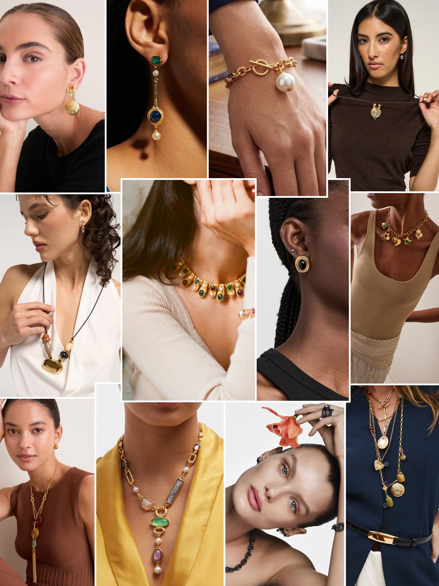 Collage of rings, earrings and layered necklaces worn up close, in the spirit of Ben-Amun