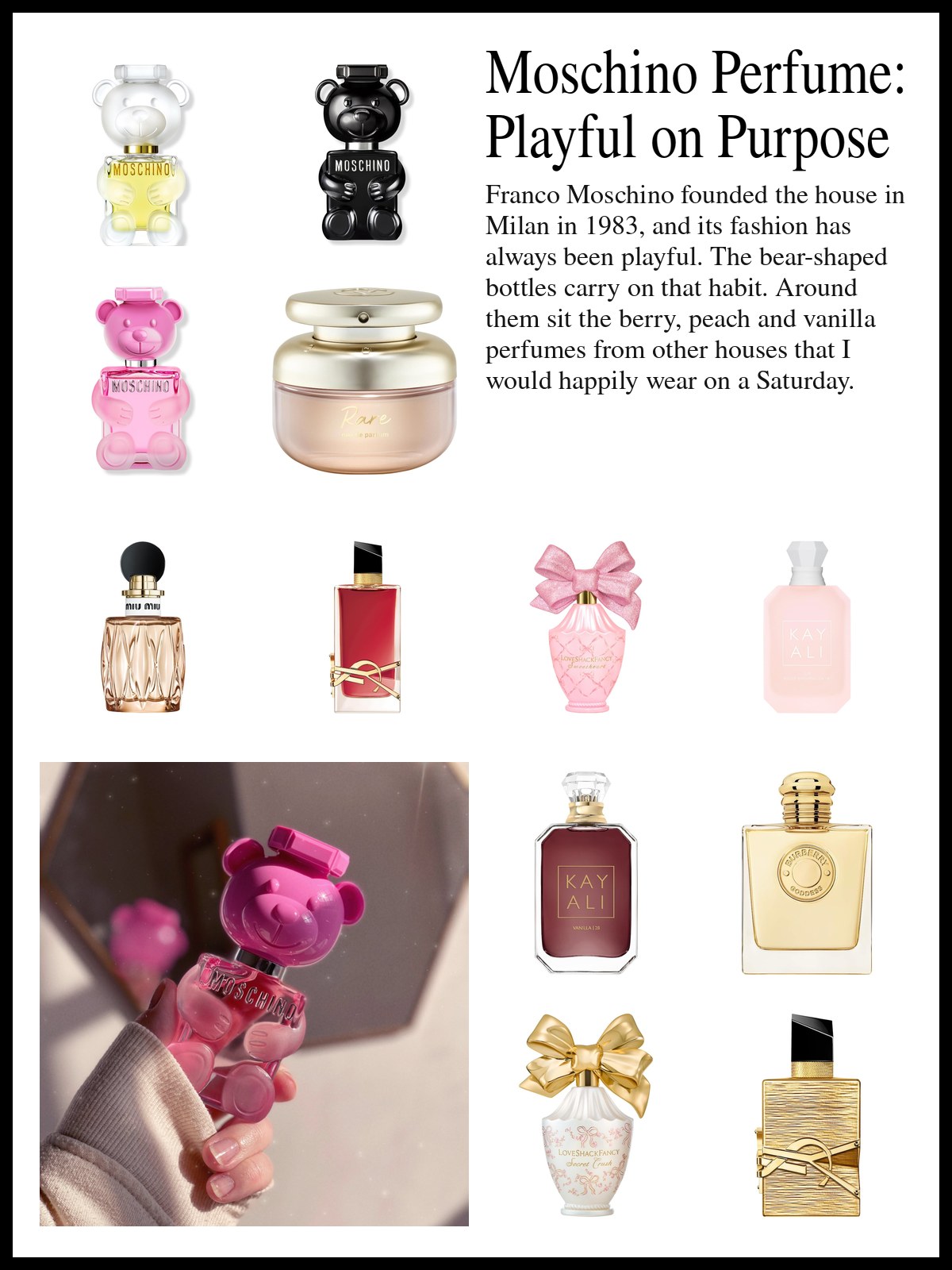 Collage of Moschino Toy bottles, berry and peach perfumes and vanilla perfumes from other houses beside a candy-bright still life and a mood photo of a hand holding the pink Toy 2 Bubble Gum bottle.
