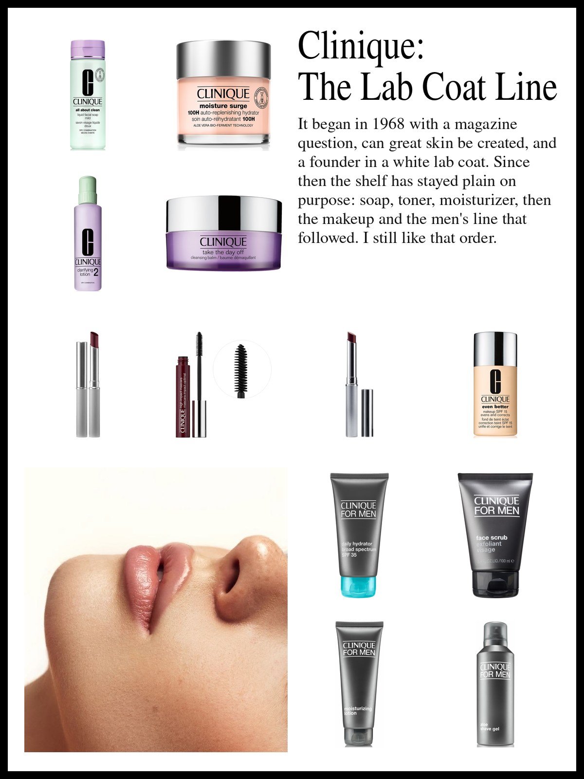 Collage of Clinique skin care, makeup, men's grooming and perfume beside a close-up photo of a face tipped back, showing glossy rosy-pink lips and the side of the nose against a bright white background.