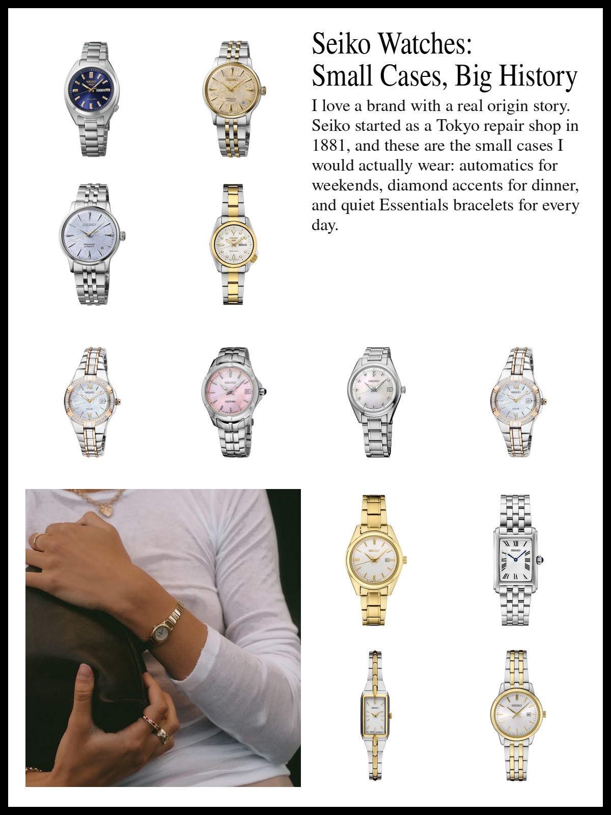A collage of Seiko women's bracelet watches, including automatics, diamond models and gold-tone and two-tone Essentials, and a mood photo of a small silver watch on a wrist with a white sleeve.