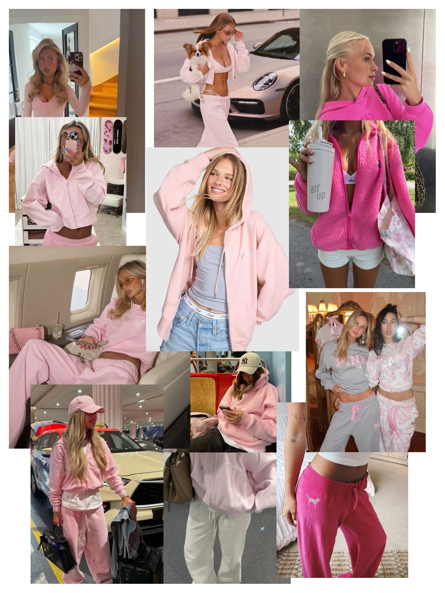 Street style collage of women wearing pink hoodies, zip jackets and sweatpants