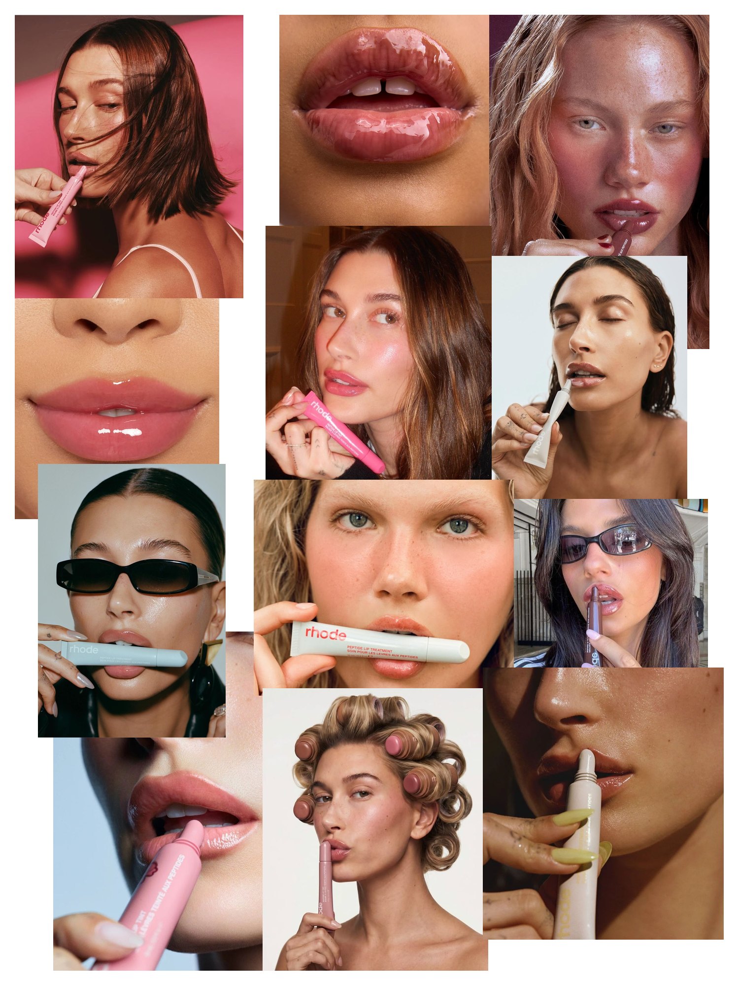 Collage of women applying pink lip treatments and glossy tints
