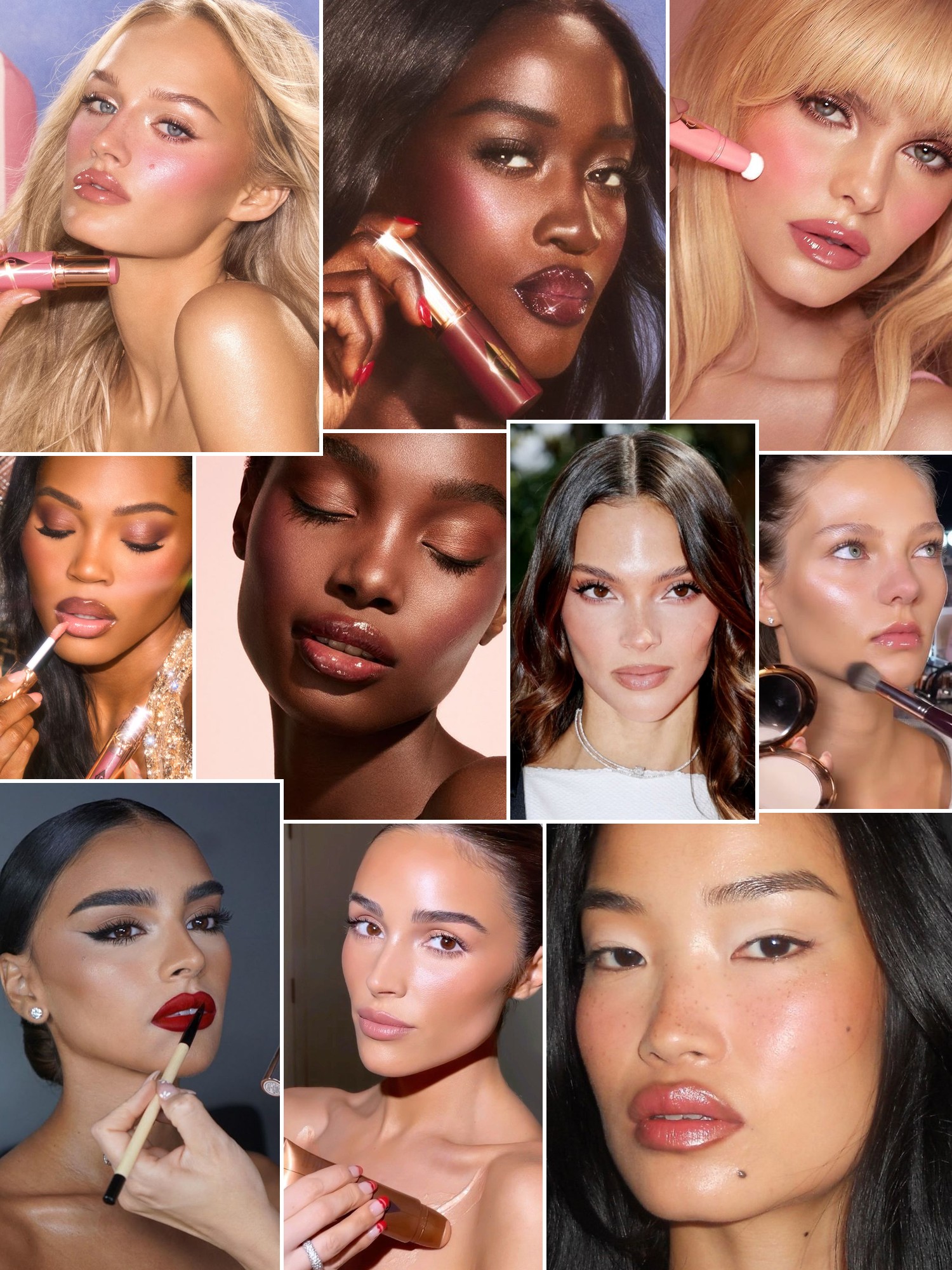 Collage of soft glam beauty looks with glossy lips, warm blush, sculpted eyes, and close up campaign faces.
