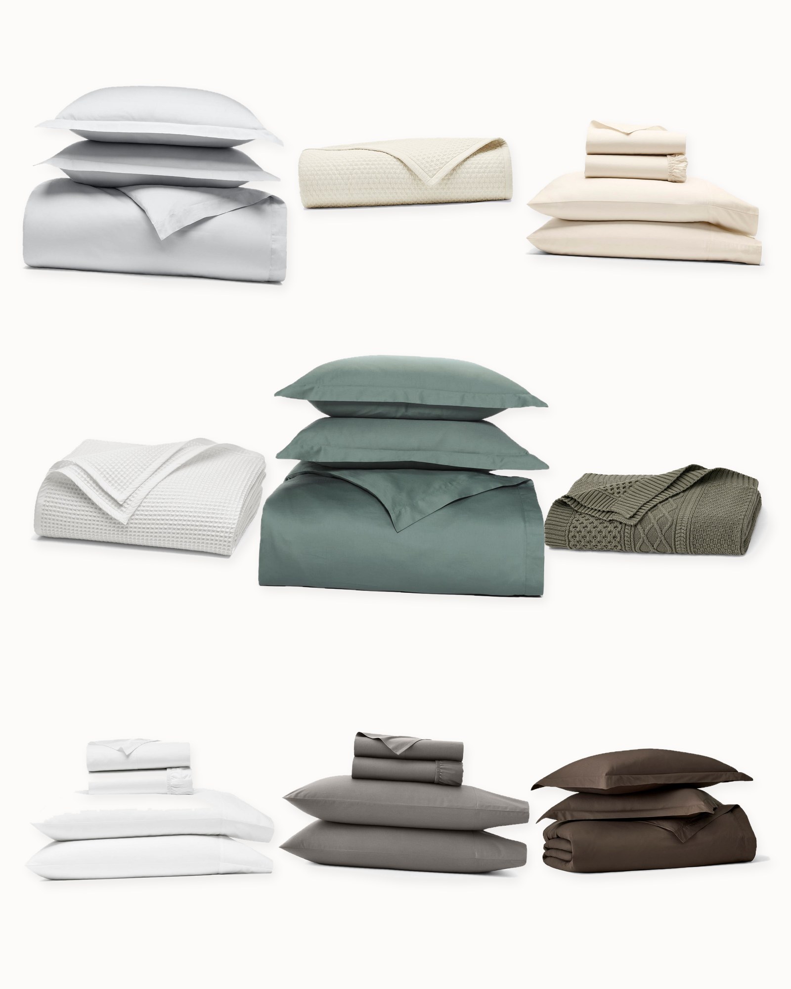 Collage on an off-white background showing Signature Hemmed Sheet Set in White, Signature Hemmed Duvet Set in Meadow, Signature Texture Stitch Organic Cotton Quilt, Signature Hemmed Sheet Set in Natural, Signature Hemmed Duvet Set in Deep Walnut, Waffle Organic Cotton Blanket, Signature Hemmed Sheet Set in Stone, Signature Hemmed Duvet Set in Sky and Aran Cable Organic Cotton Knit Throw Blanket.