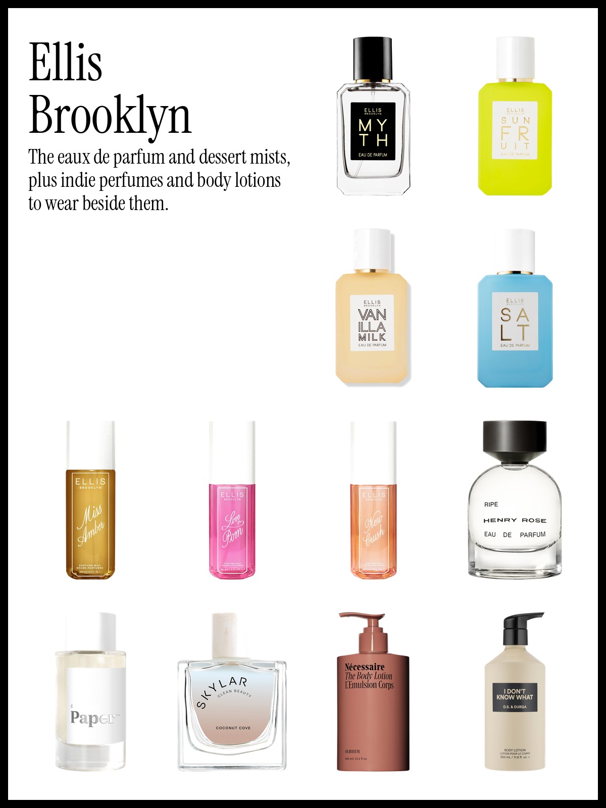 Collage of Ellis Brooklyn MYTH Eau de Parfum, MISS AMBER Perfume Mist and Henry Rose Ripe Eau de Parfum