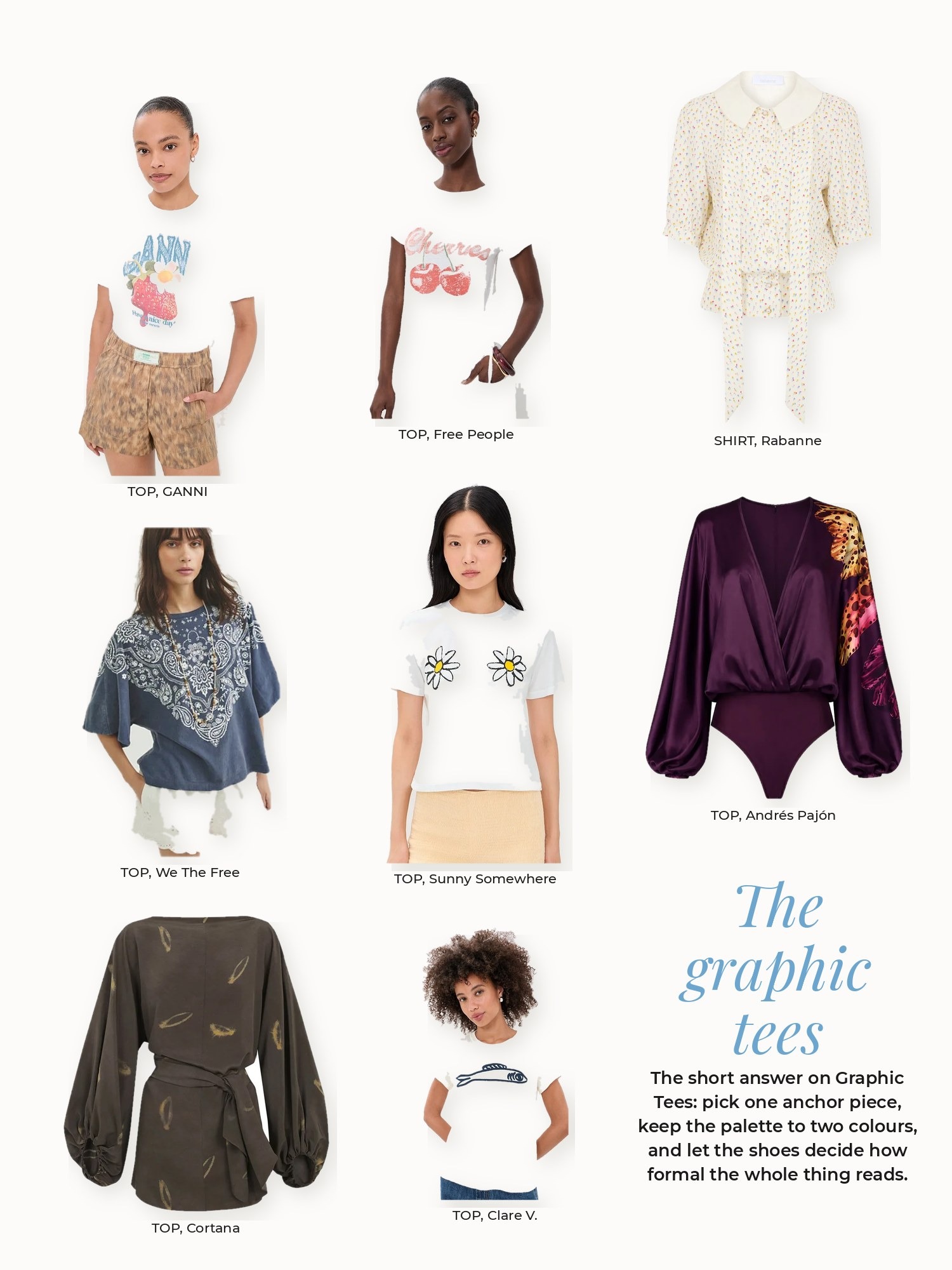 Graphic tees collage: Andrés Pajón, Clare V., Cortana, Free People, GANNI, Rabanne, Sunny Somewhere, We The Free