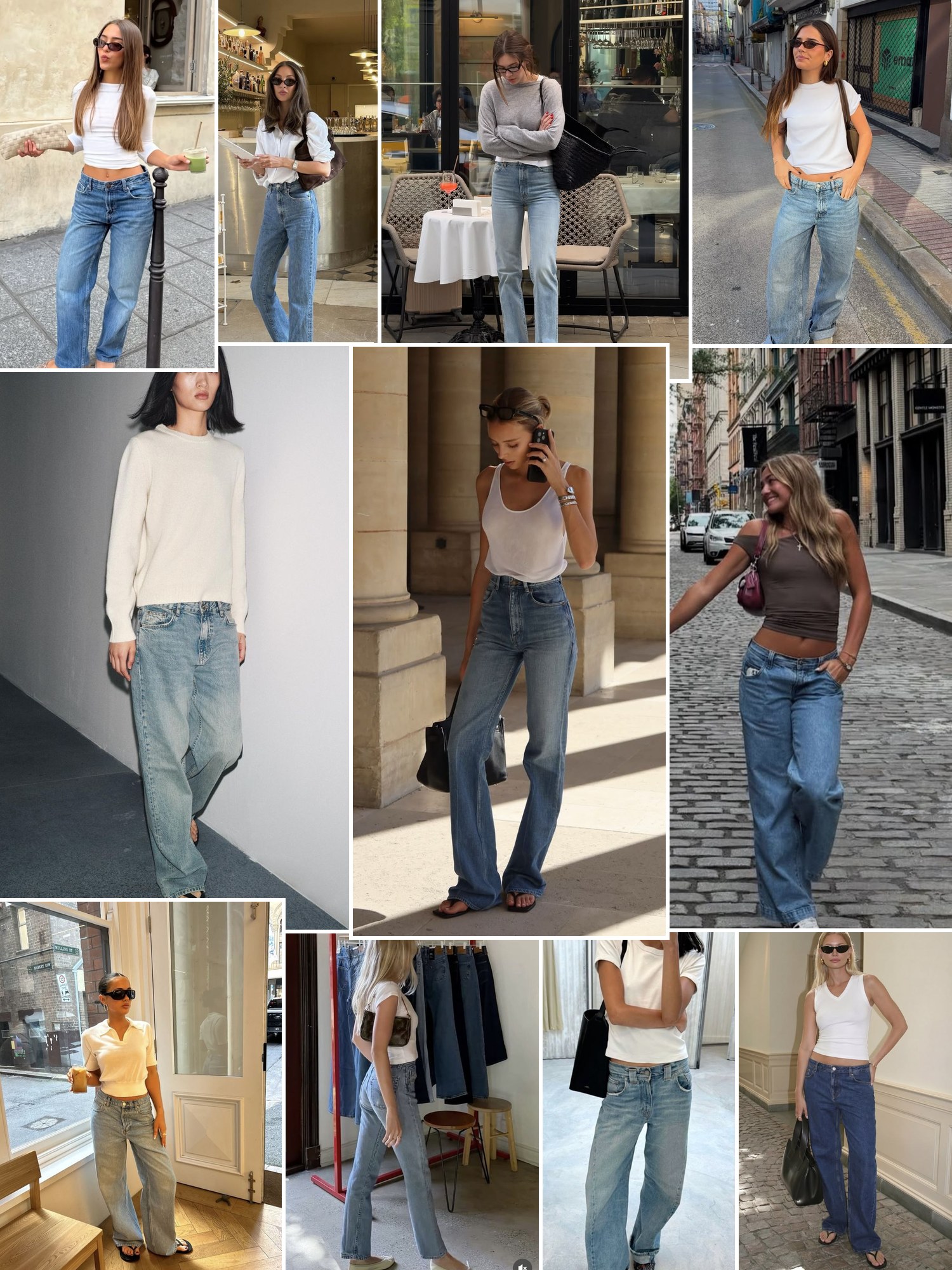 Collage of light wash jeans outfits in fall