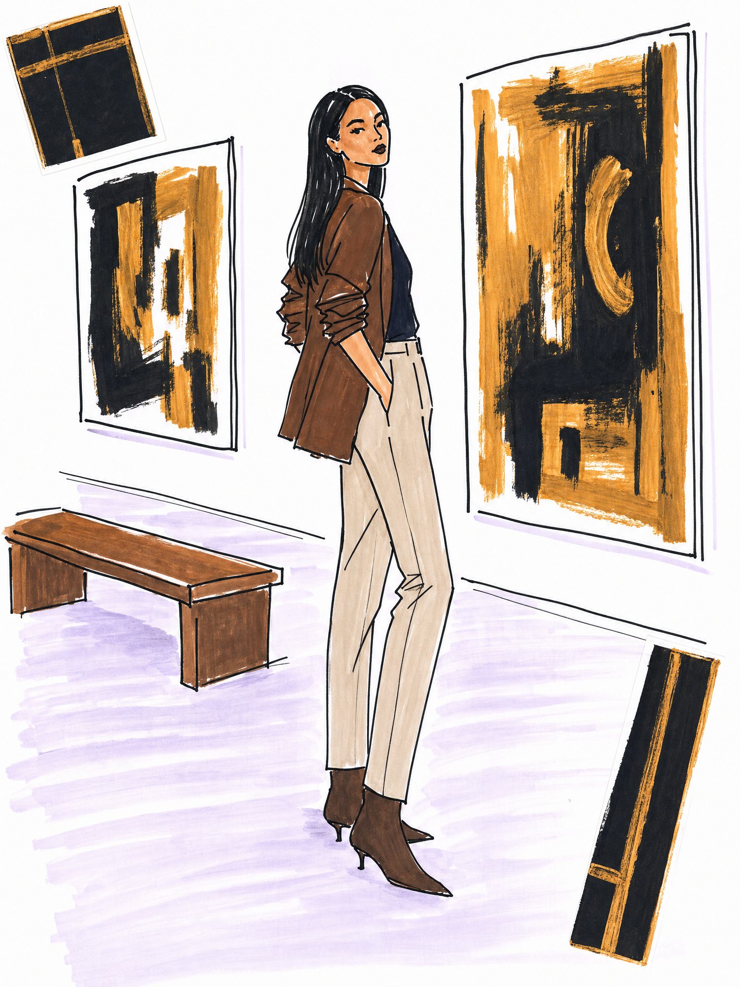 Illustration of a woman in an art gallery in a brown wool blazer, navy T-shirt, beige tapered trousers and brown suede ankle boots