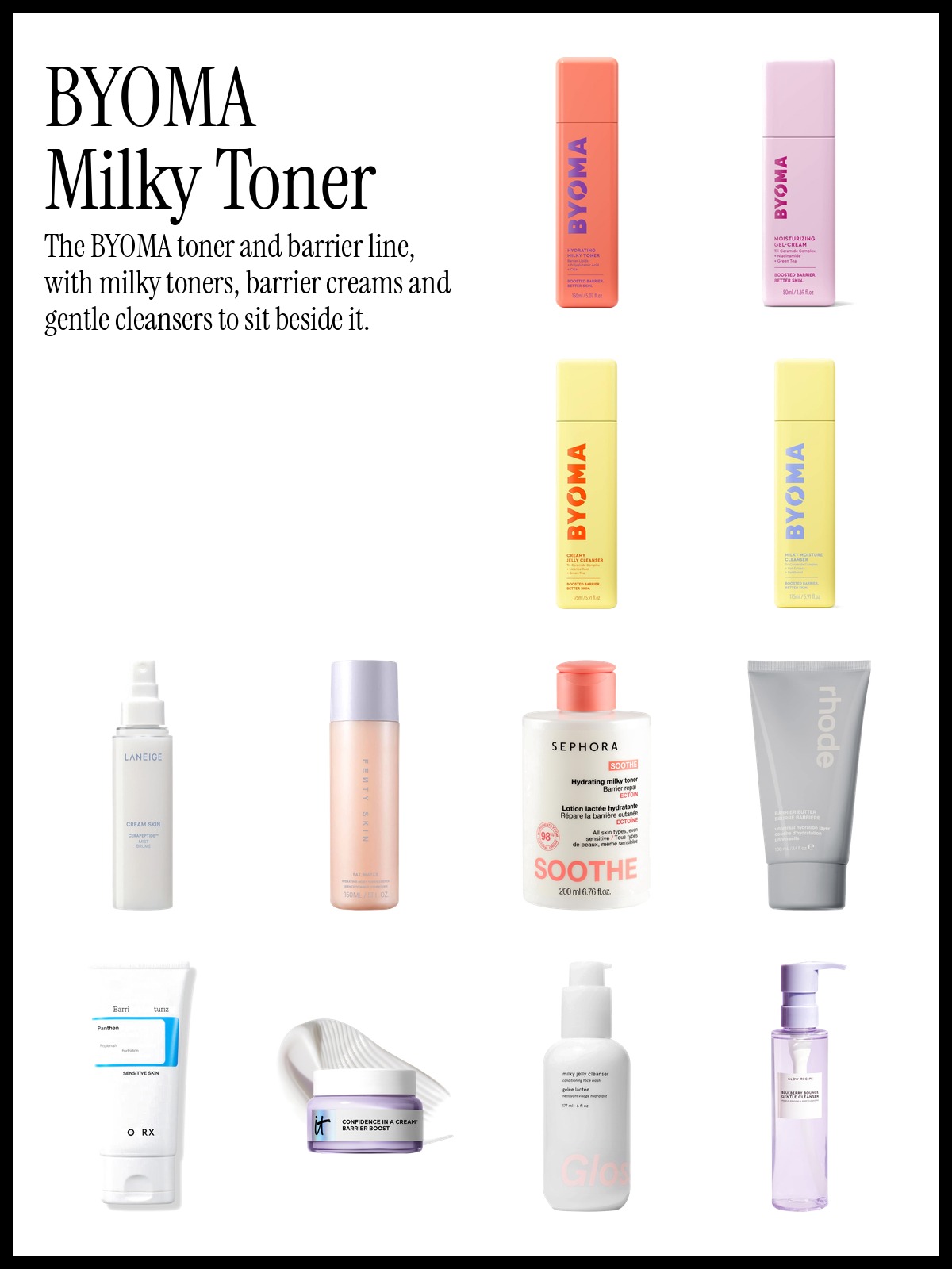 Collage of BYOMA Hydrating Milky Toner, LANEIGE Cream Skin Milky Toner and rhode Barrier Butter