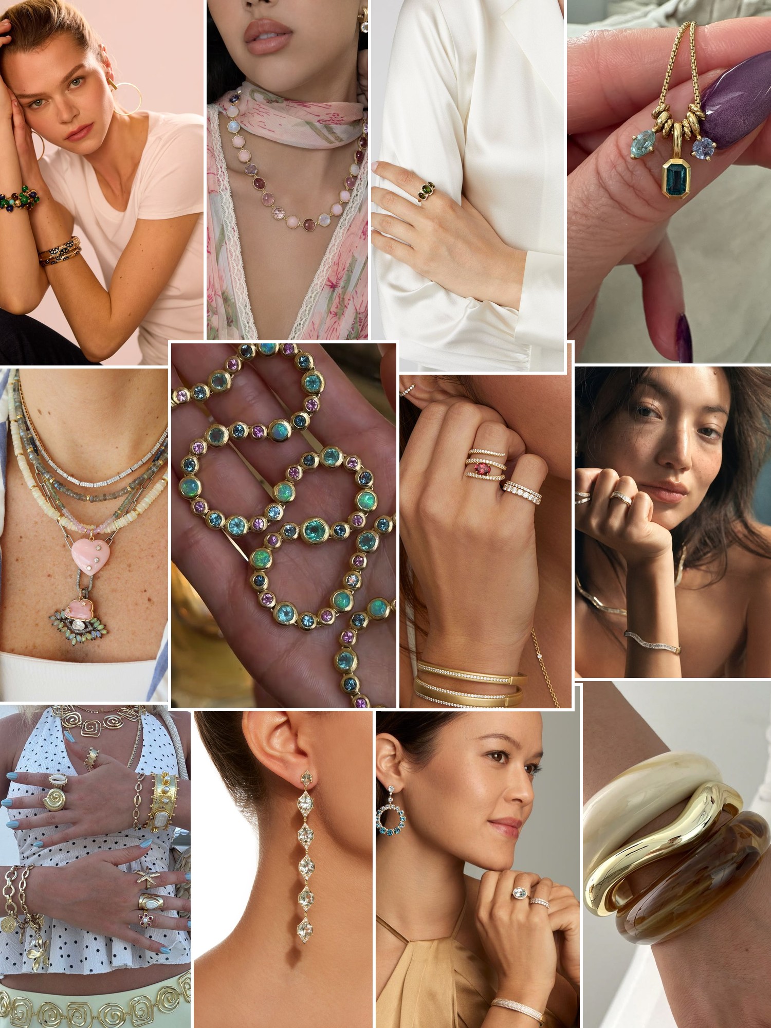 Collage of rings, earrings and layered necklaces worn up close, in the spirit of Jamie Wolf