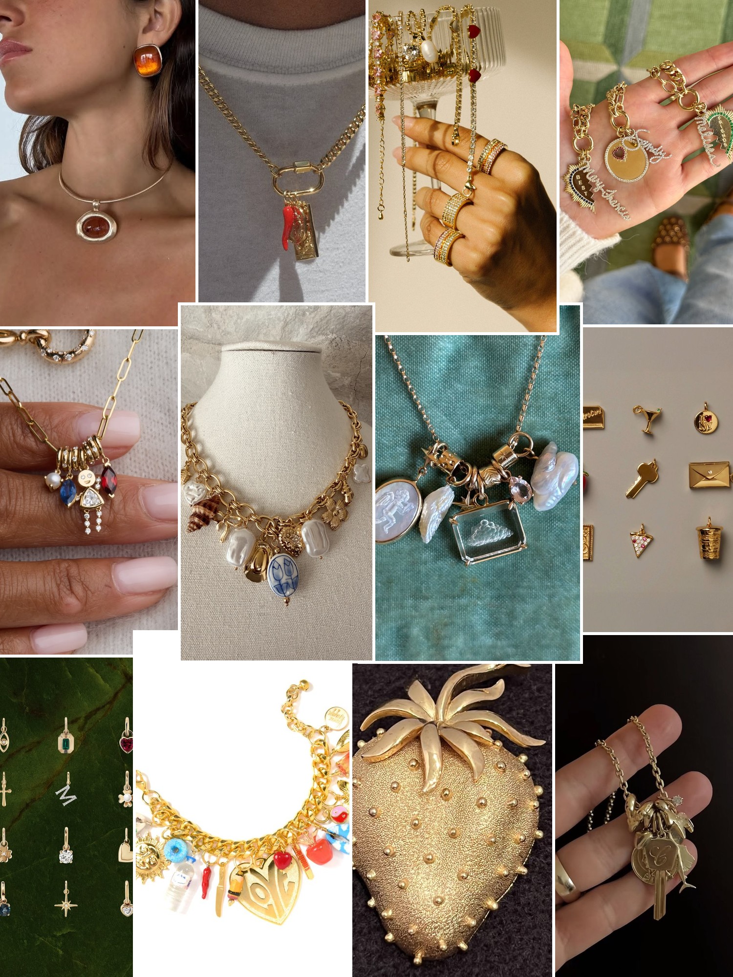 Collage of rings, earrings and layered necklaces worn up close, in the spirit of Charms Company