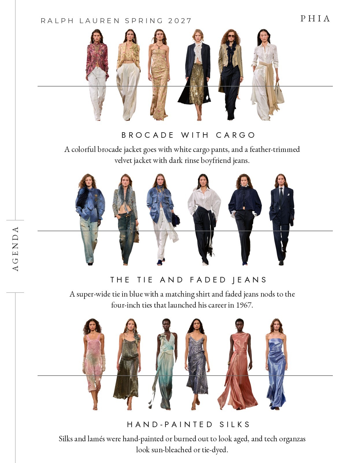 Collage: Ralph Lauren Spring 2027 runway looks in three themed rows