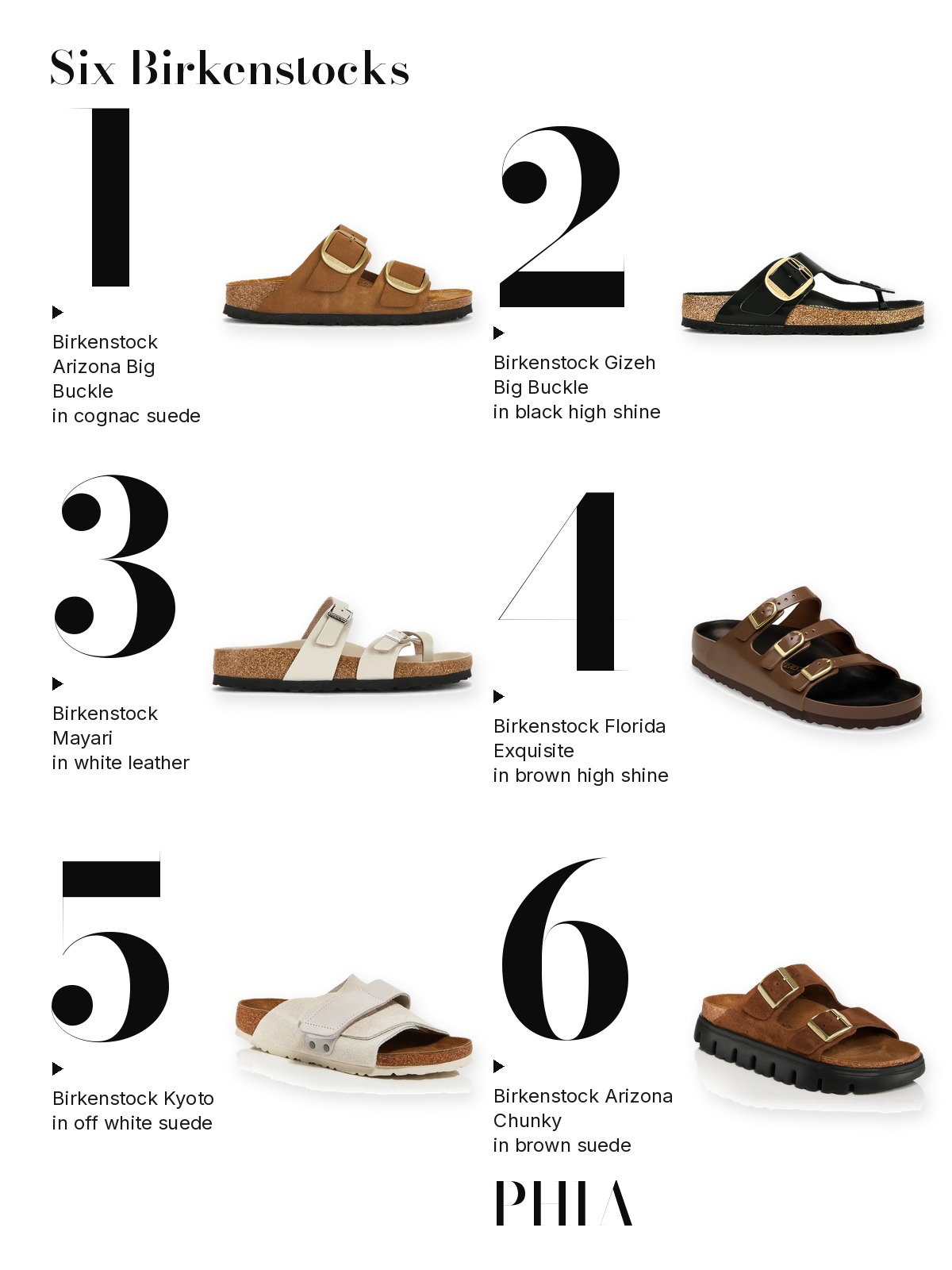 Six Birkenstocks: Arizona Big Buckle, Gizeh, Mayari, Florida, Kyoto and Arizona Chunky