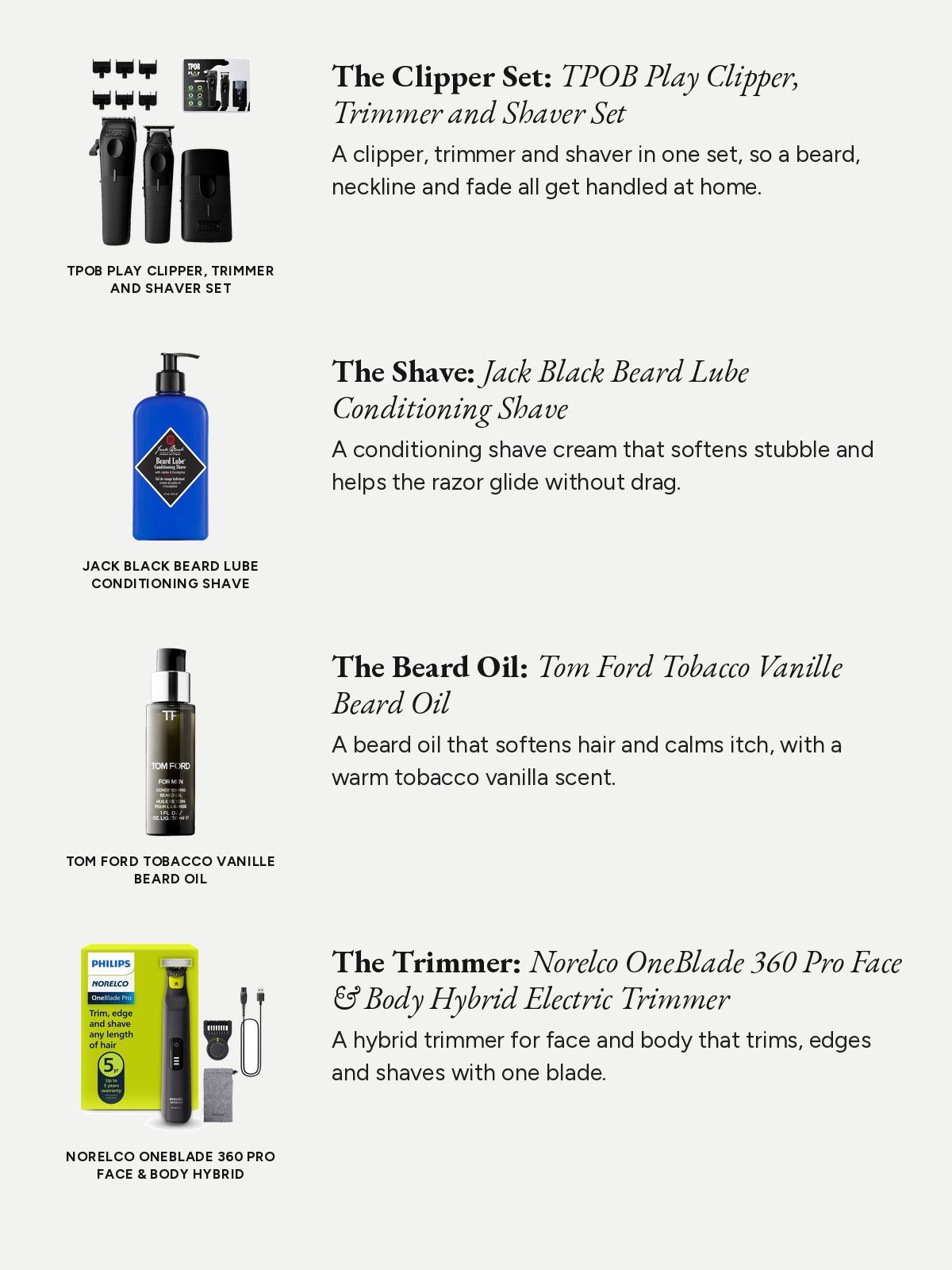 A four-row spec-list of beard grooming tools and care from TPOB, Jack Black, Tom Ford and Norelco.