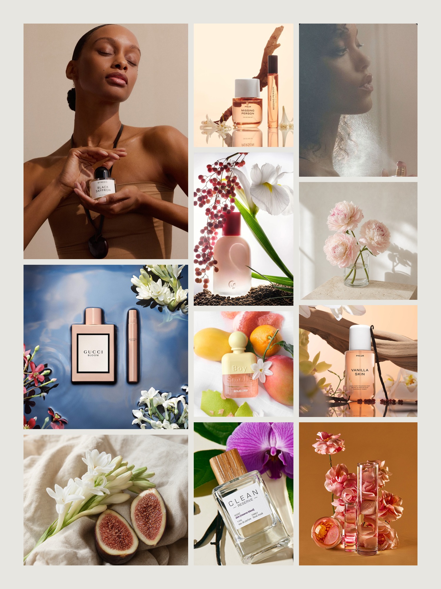 Mood board of perfume bottles, skin and soft still life in warm neutrals