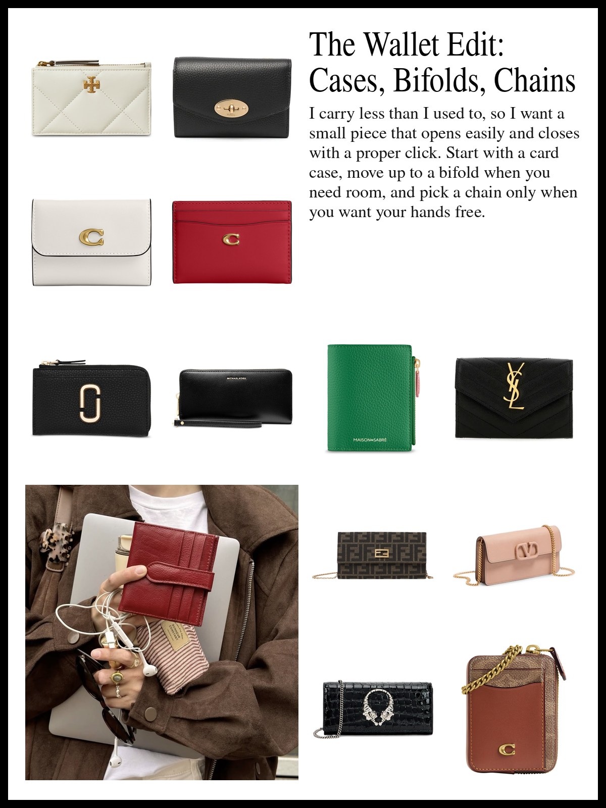 A collage of card cases, zip and bifold wallets and small chain styles in black, tan and bright colors, and a mood photo of a woman in a brown jacket holding a red card wallet and a laptop.