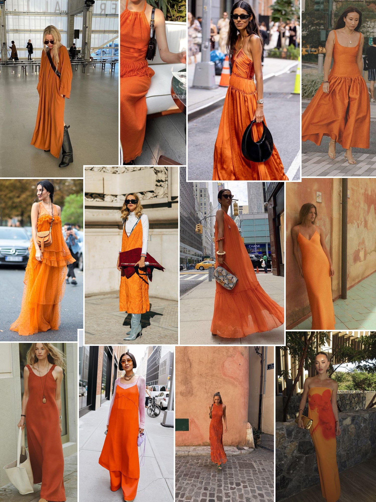Collage of outfit photos styled with orange midi and maxi dresses