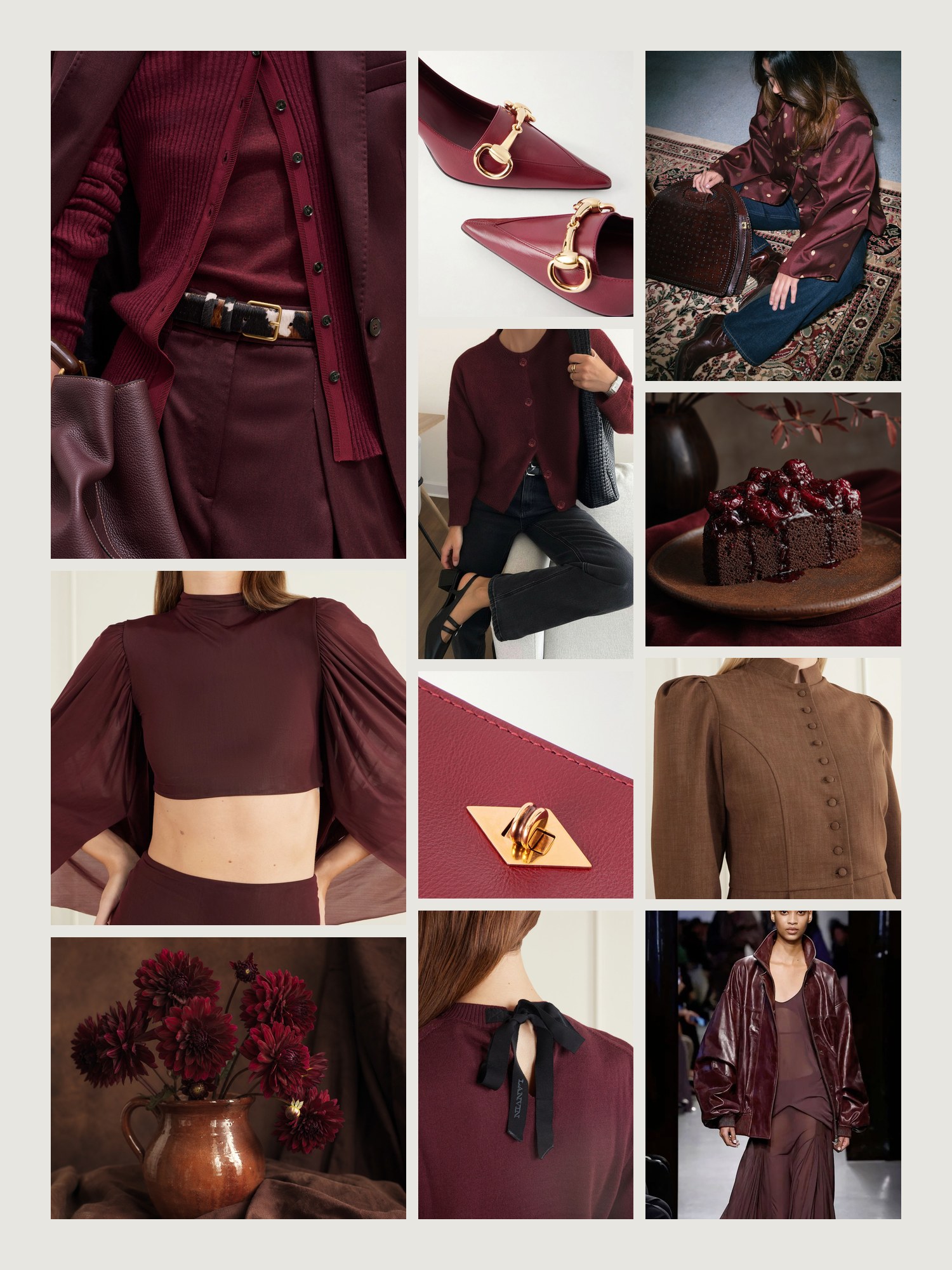 Mood board for burgundy and chocolate brown outfits: four street-style photos of women wearing burgundy and chocolate brown, close-ups of the Métier clutch, the Gucci pumps, the Lanvin cardigan, the Maygel Coronel top and skirt set and the Destree blazer from this edit, and two still lifes in both colors