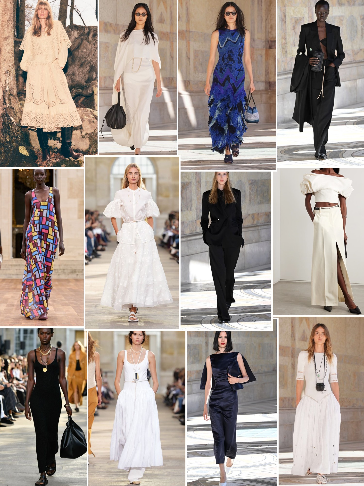 Collage of runway looks, campaign shots and street style outfits that capture the Gabriela Hearst mood