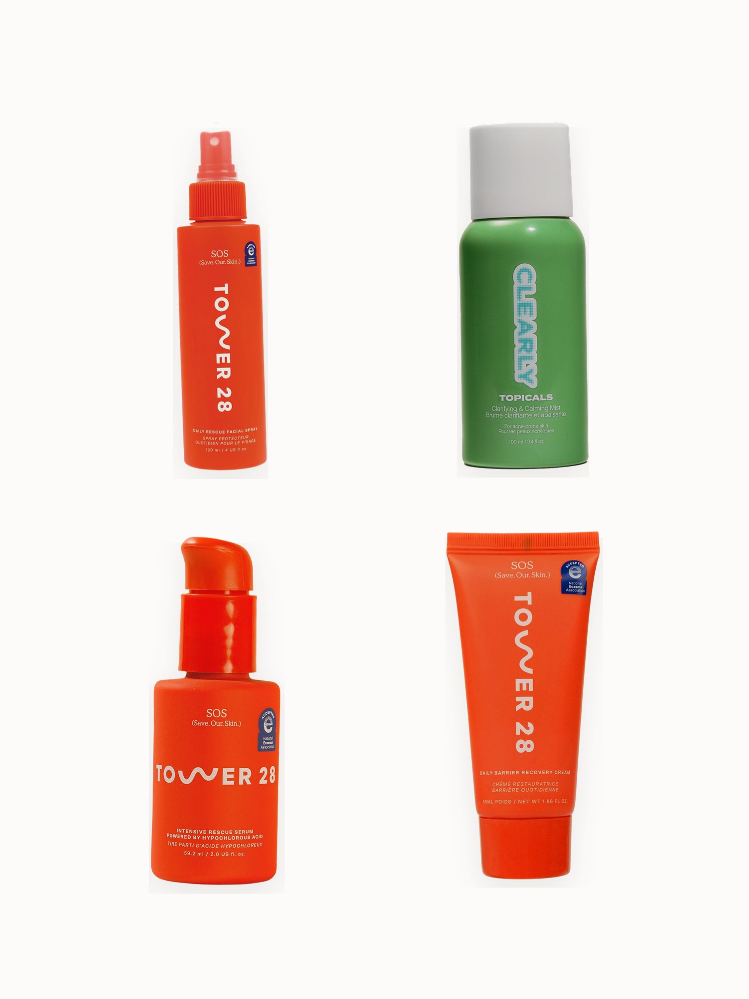 Flat lay of hypochlorous acid sprays, a redness serum and a barrier moisturizer on an off-white background