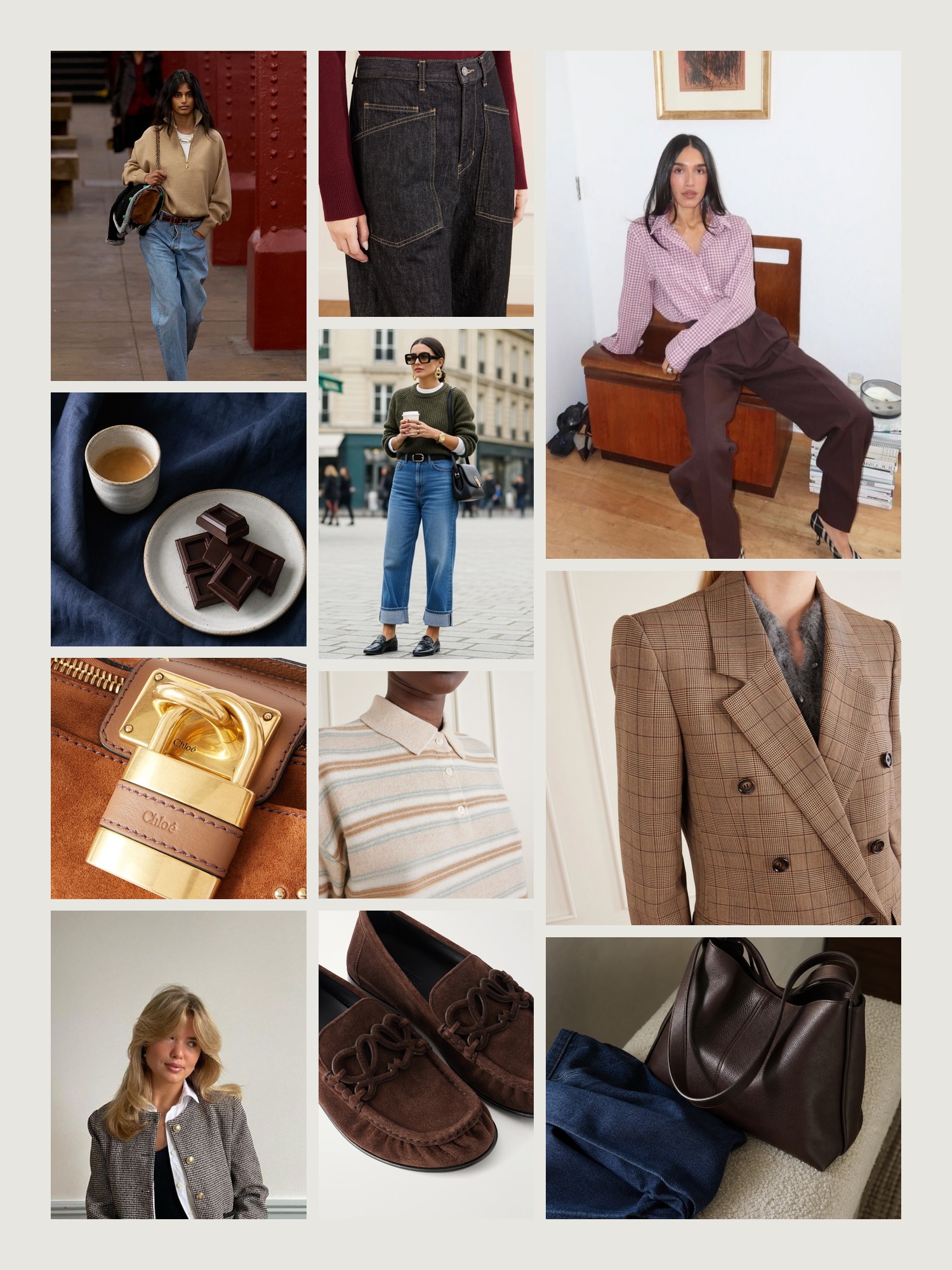 Mood board of smart casual dress code in chocolate, cream and indigo denim