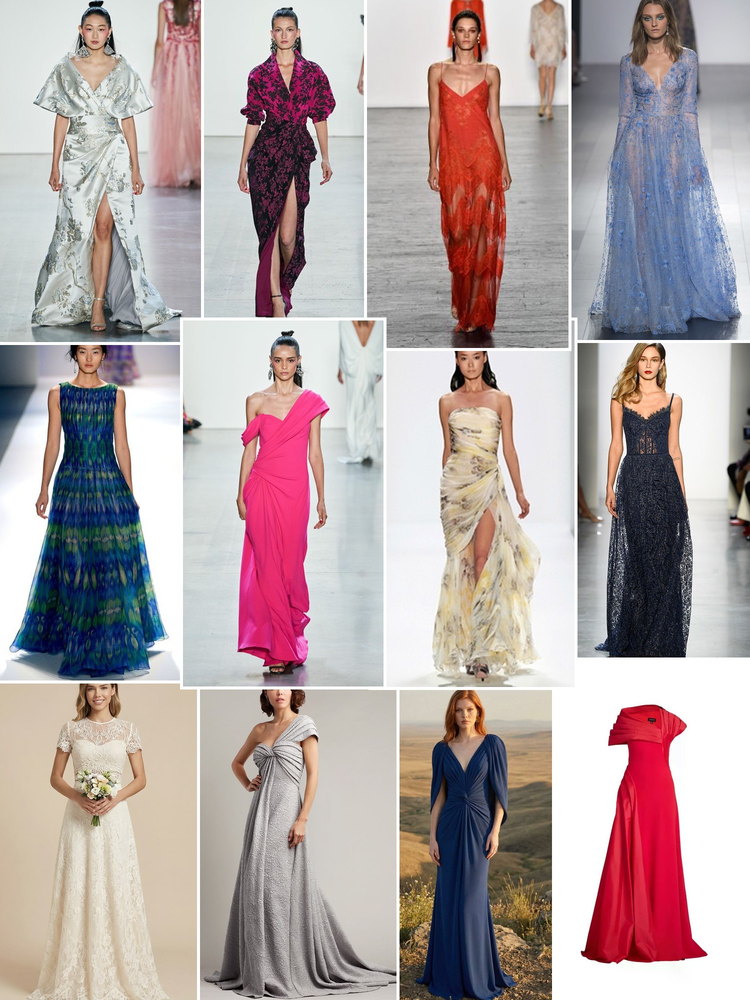 Collage of formal gowns in lace, satin, floral prints and jewel tones across runway and editorial settings