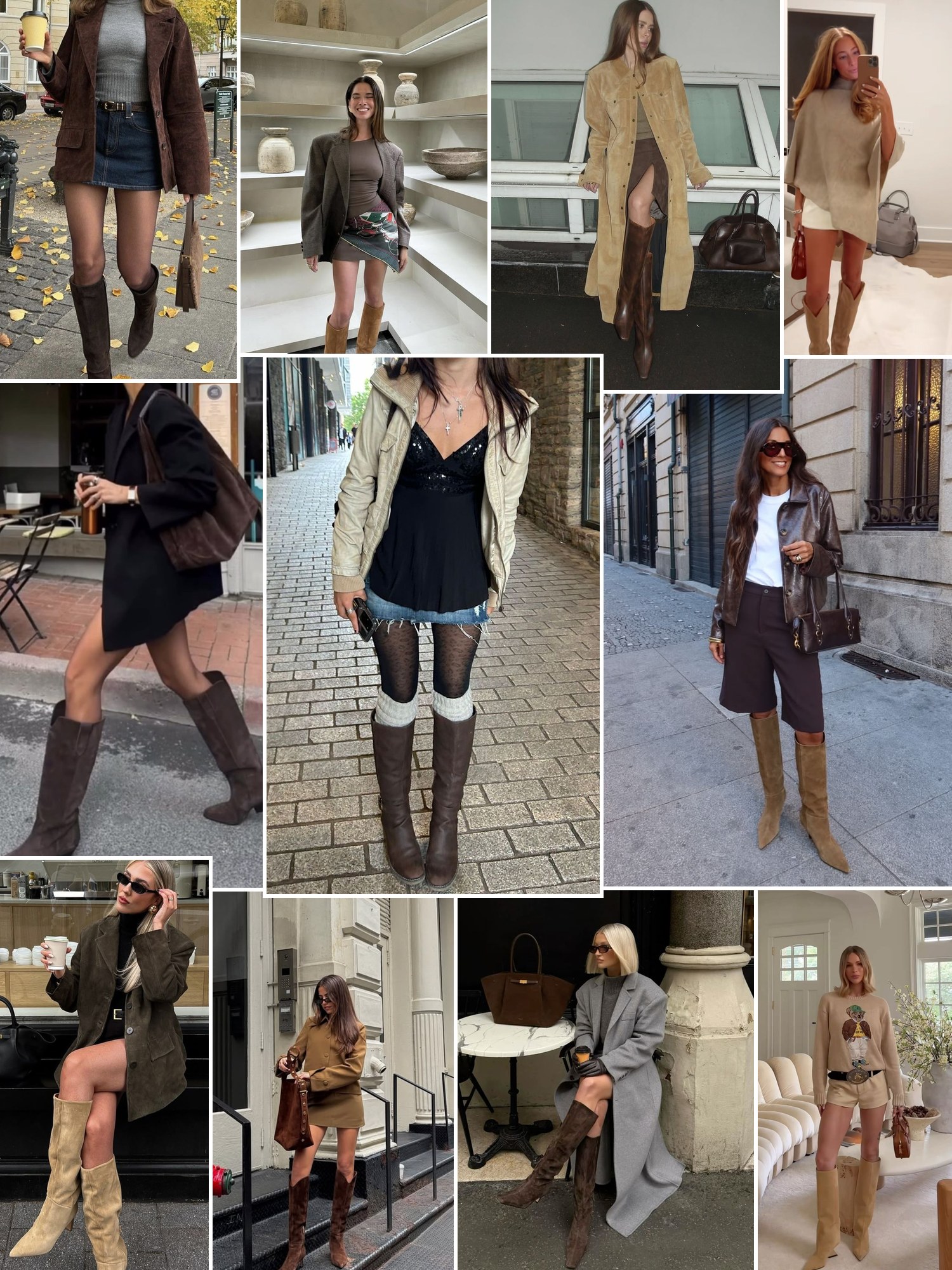 Street style collage of women wearing brown suede boots