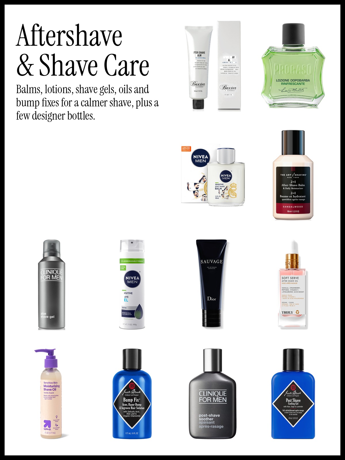 Collage of Baxter of California After Shave Balm, Clinique For Men Aloe Shave Gel and Truly Soft Serve After Shave Oil