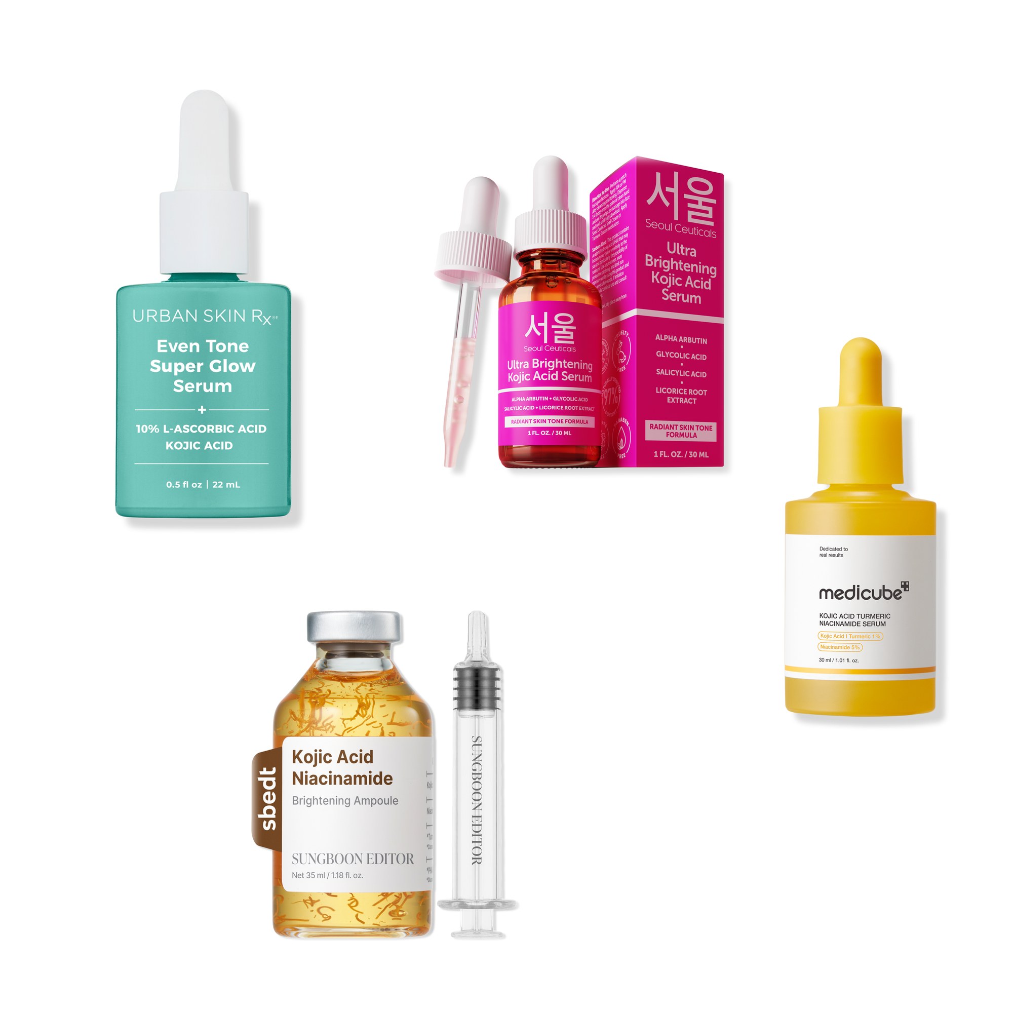 A collage of kojic acid serums and brightening ampoules in this edit, arranged on a white background.