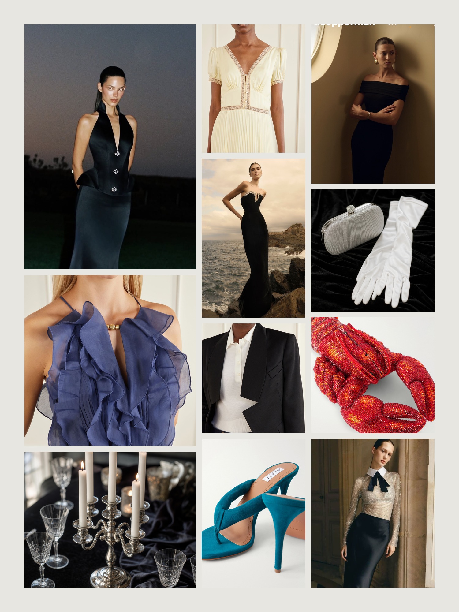 Mood board of formal attire in black and silver