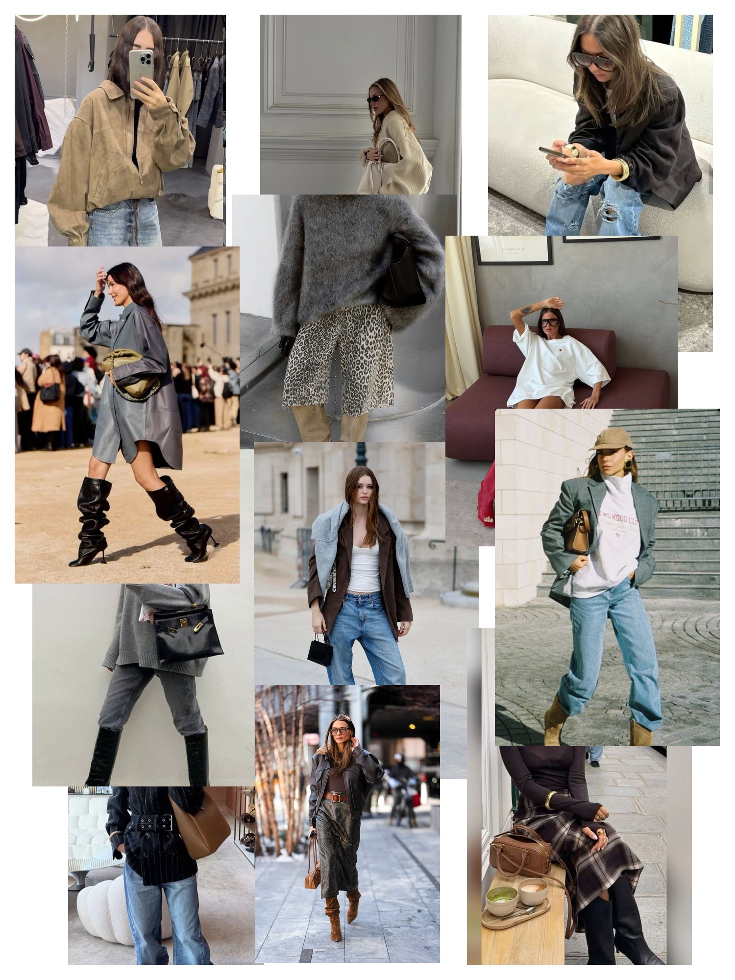 Street-style collage of 12 outfit photos featuring slouchy boots, scattered and overlapping