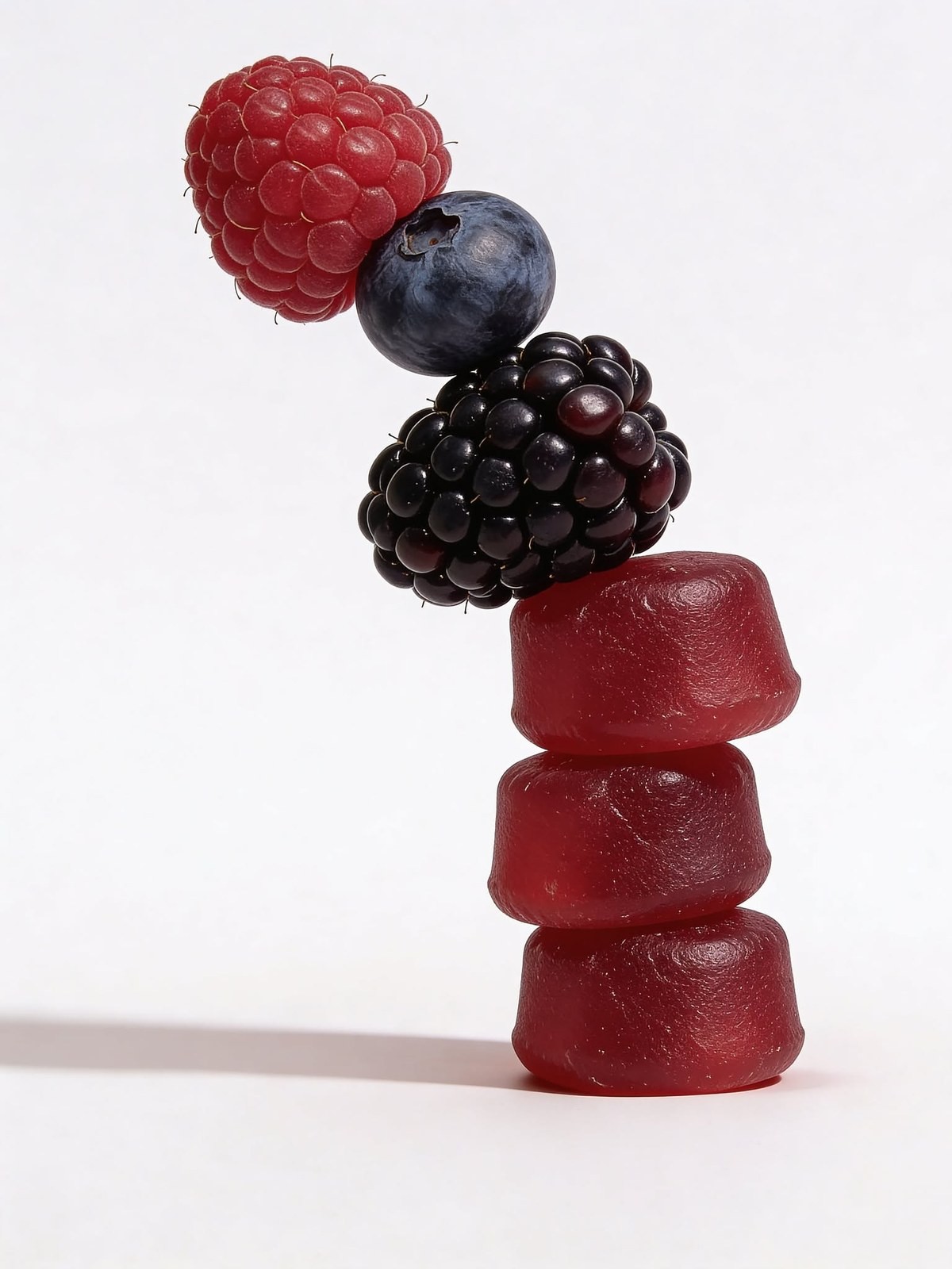 Berries stacked on top of a small tower of dark red gummies against a white background