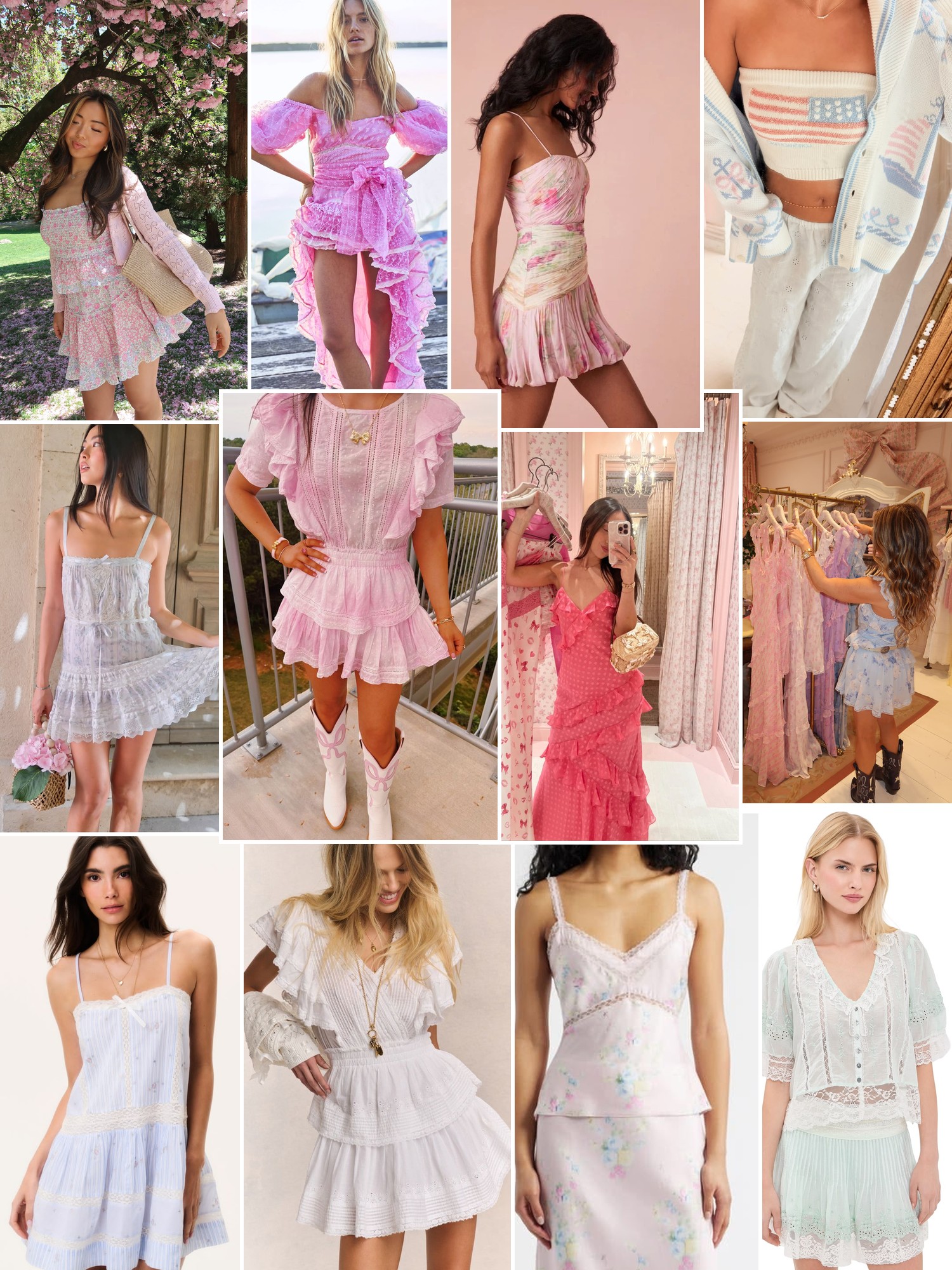 Collage of runway looks, campaign shots and street style outfits that capture the LoveShackFancy mood