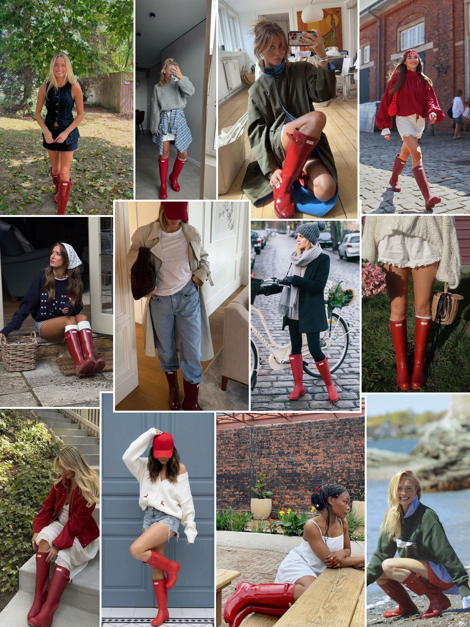 Collage of outfit photos styled with red Hunter rain boots