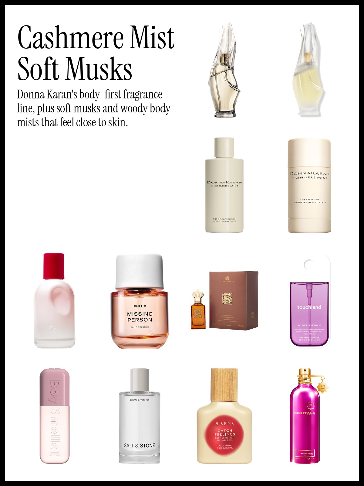 Collage of Donna Karan Cashmere Mist Eau de Parfum, Glossier You Eau de Parfum and Touchland Cashmere Woods body and hair mist