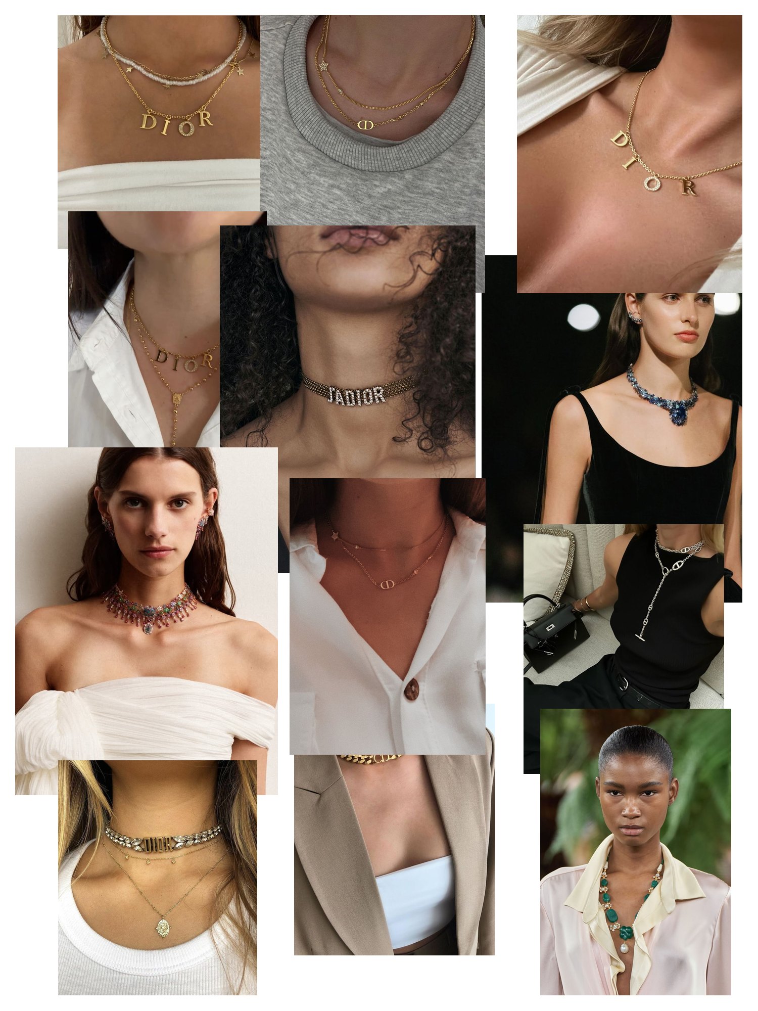 Street-style collage of 12 outfit photos featuring dior necklace, scattered and overlapping